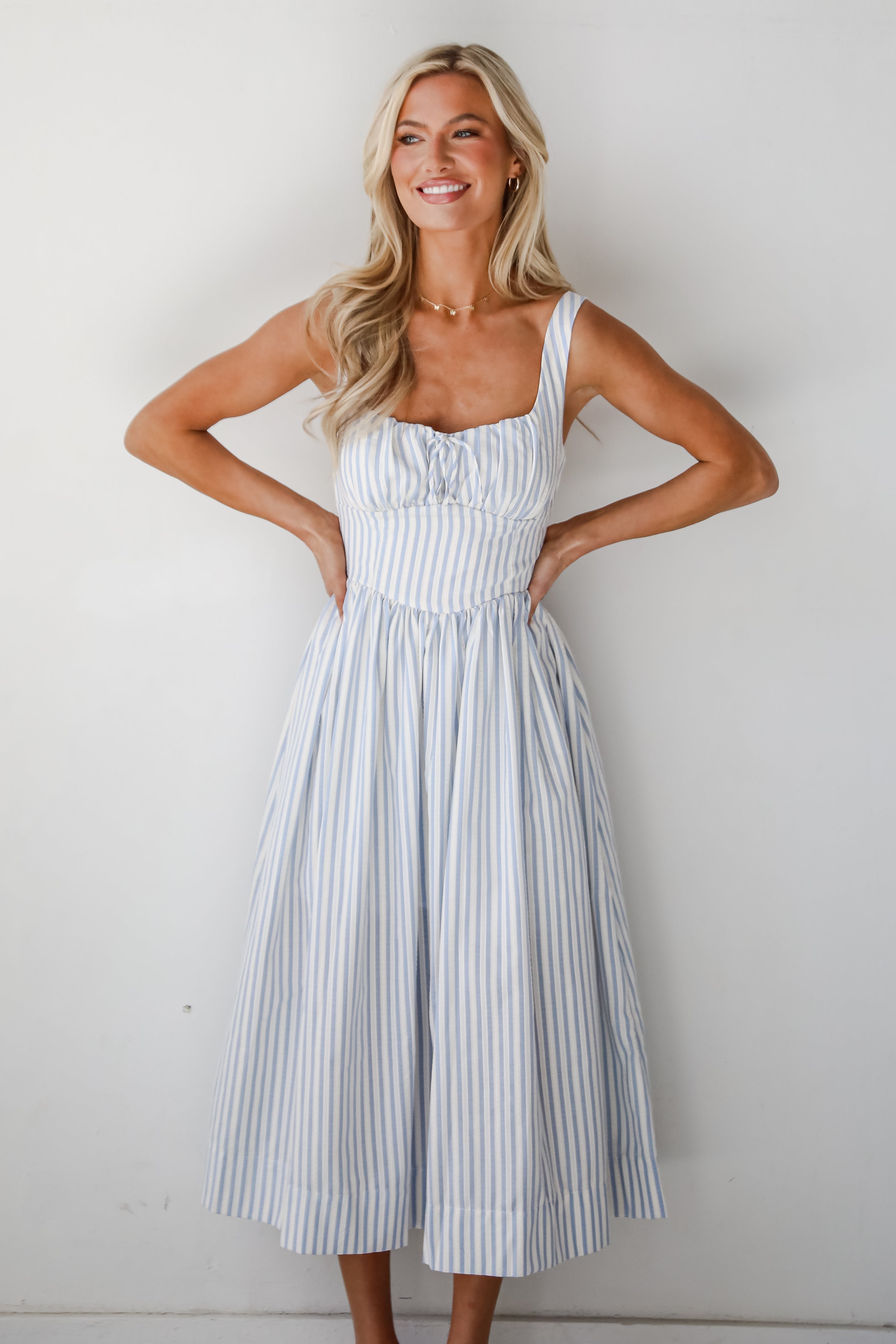 Let There Be Romance Light Blue Striped Midi Dress