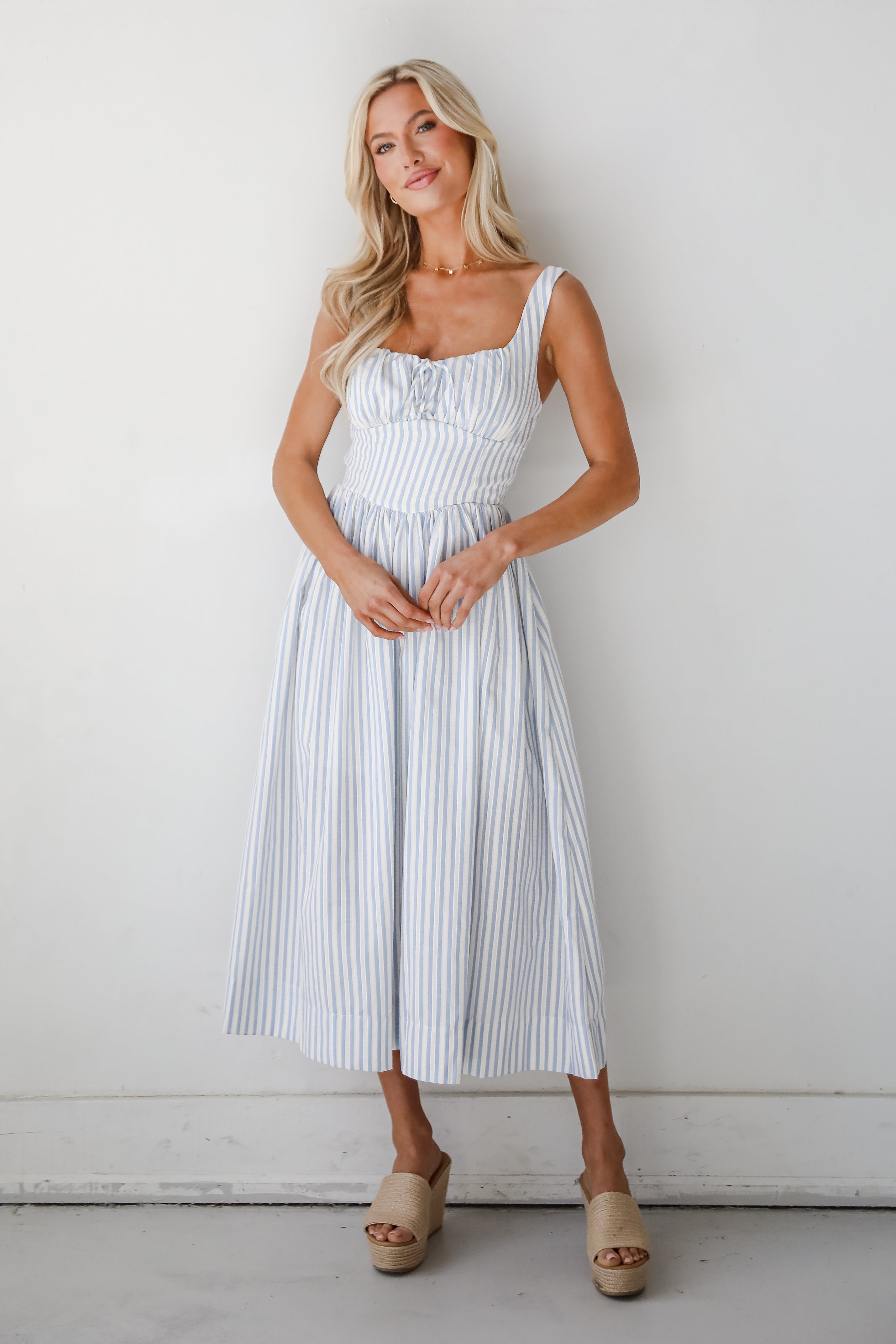 Let There Be Romance Light Blue Striped Midi Dress
