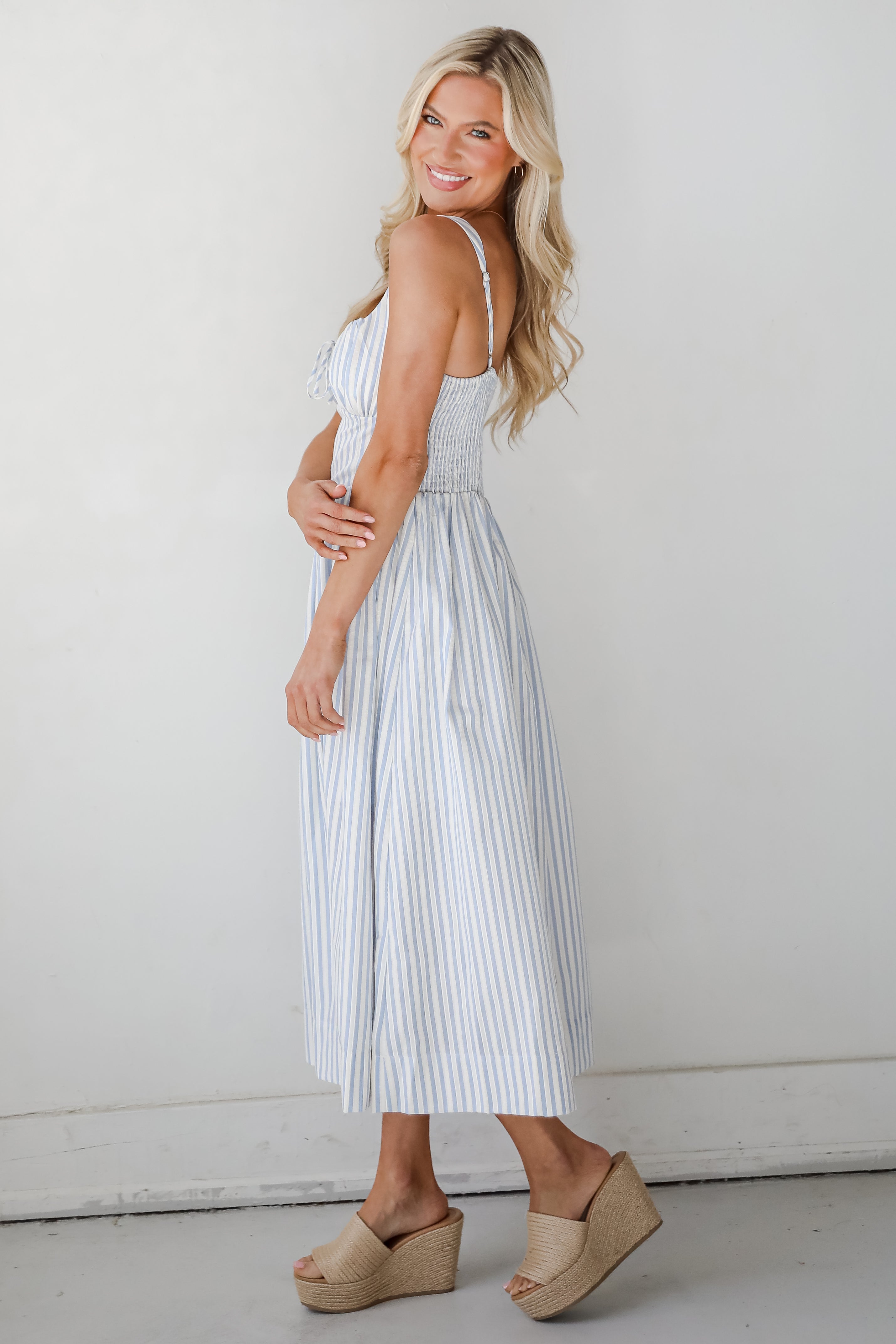 Let There Be Romance Light Blue Striped Midi Dress