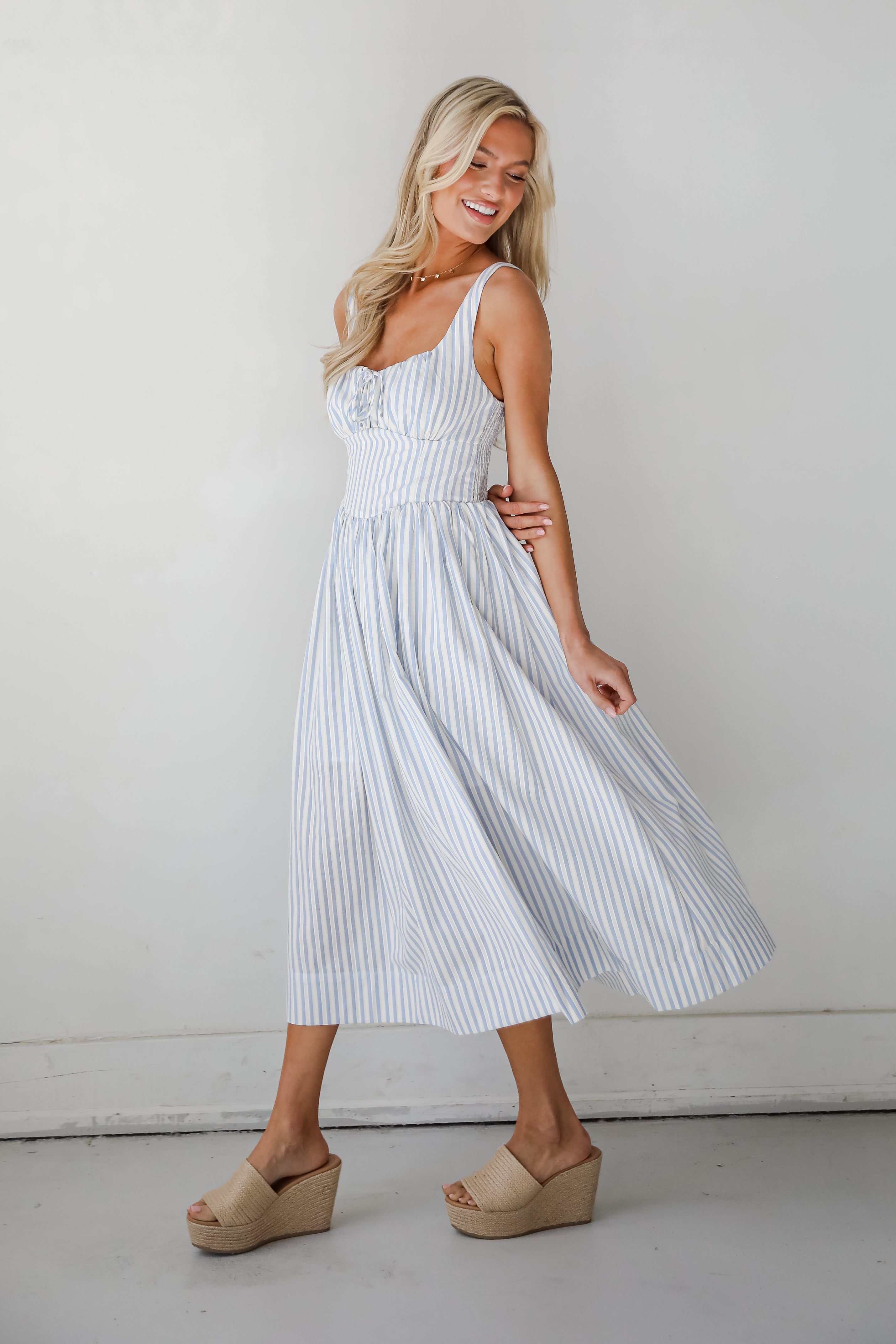 Let There Be Romance Light Blue Striped Midi Dress