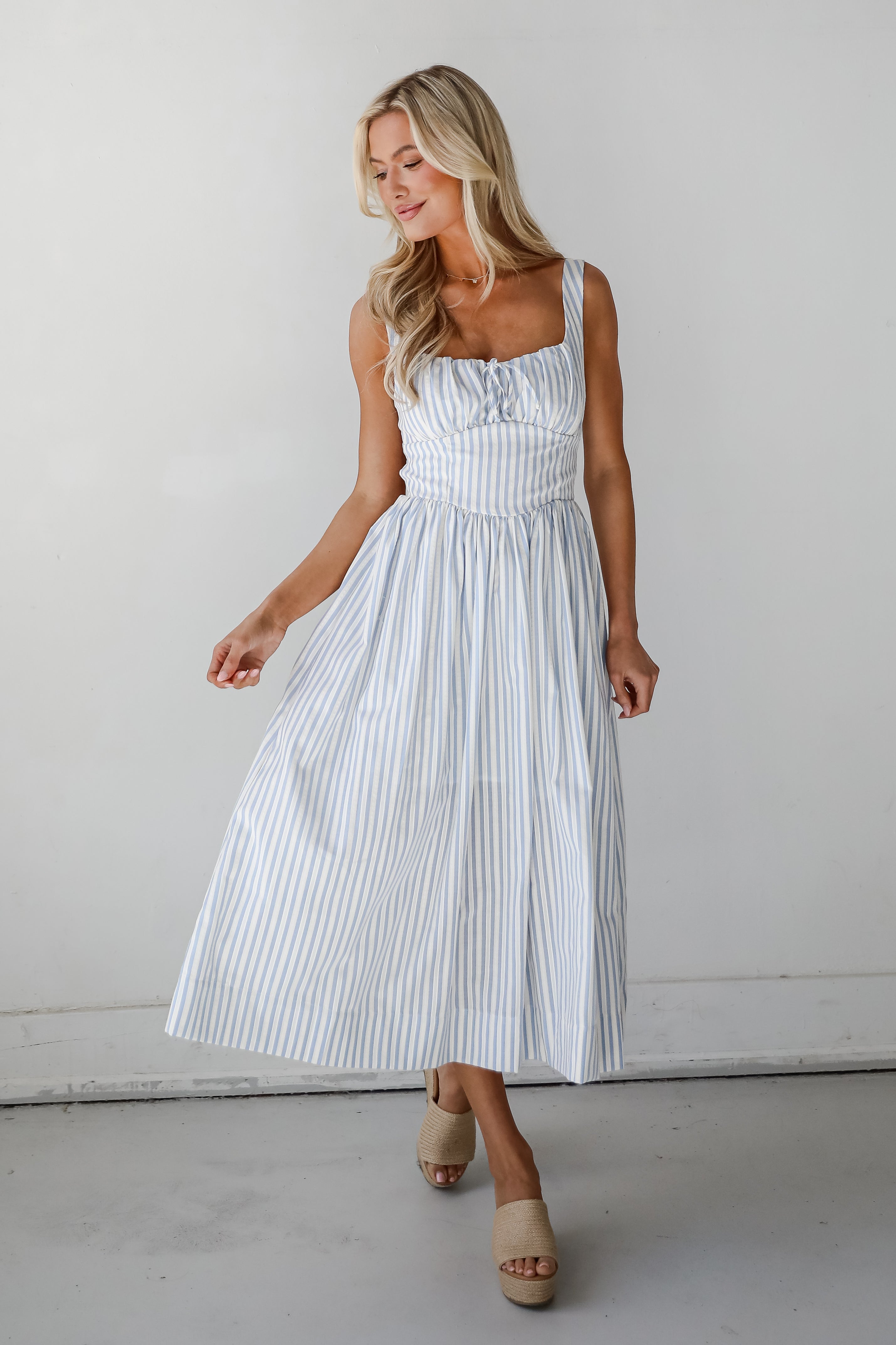 Let There Be Romance Light Blue Striped Midi Dress