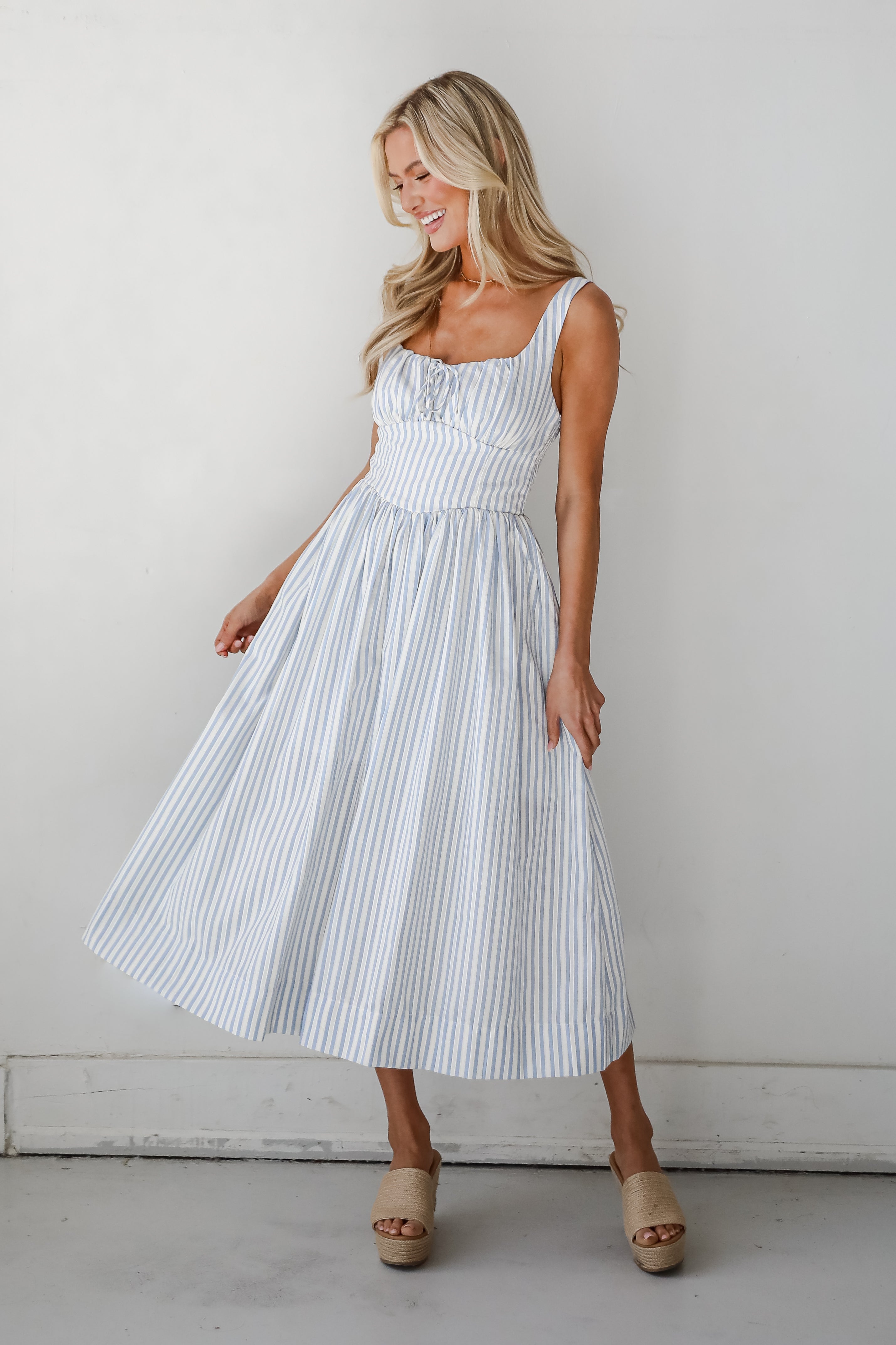 Let There Be Romance Light Blue Striped Midi Dress