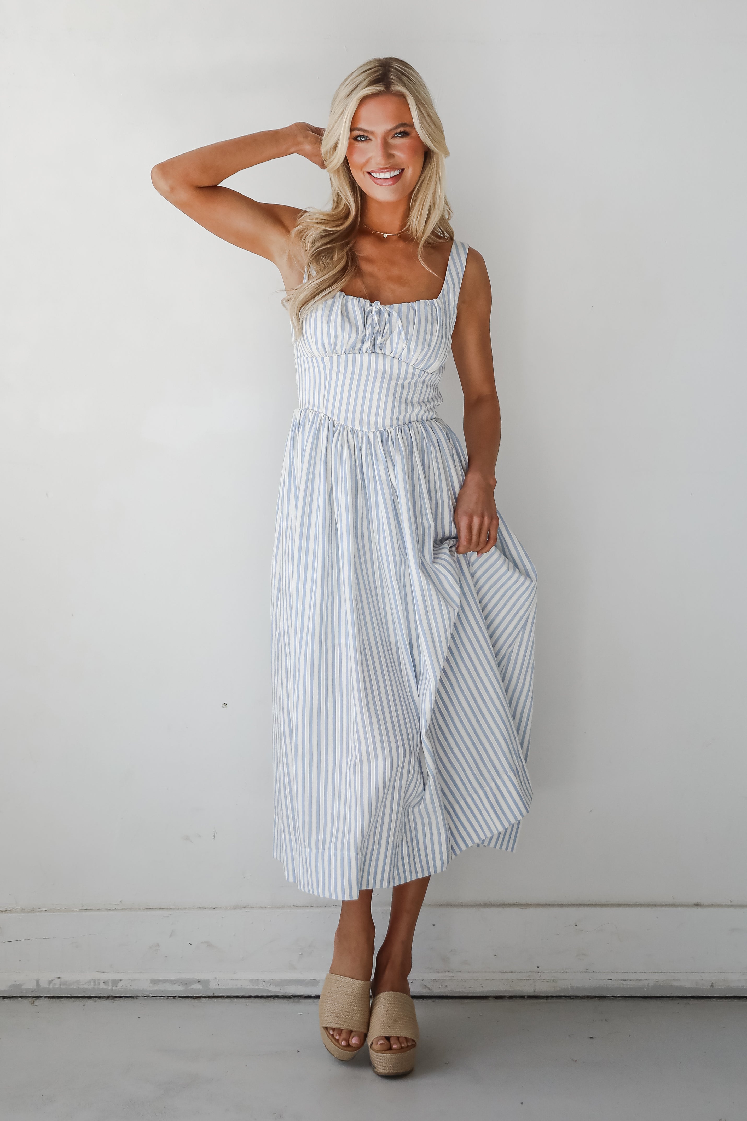 Let There Be Romance Light Blue Striped Midi Dress