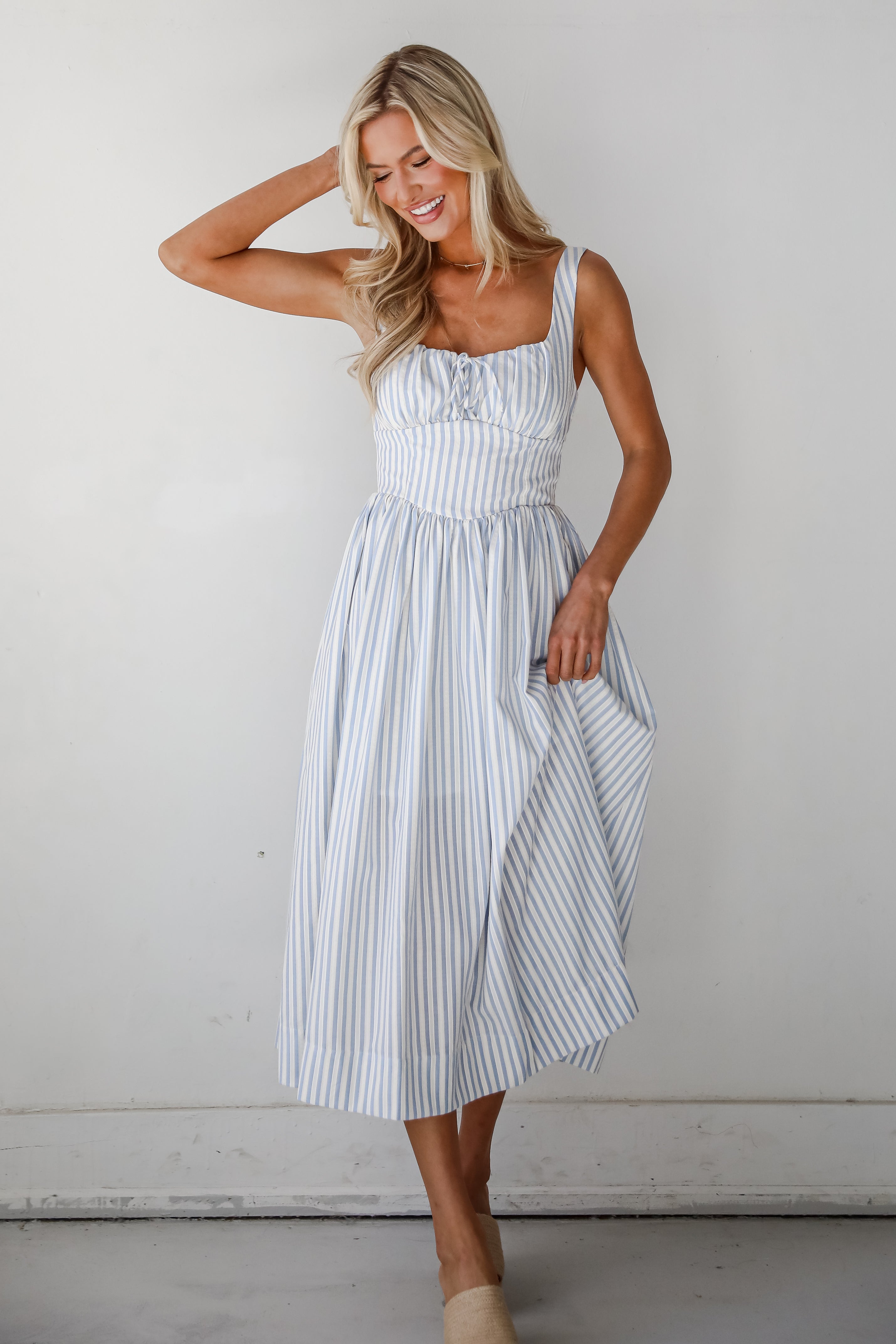 Let There Be Romance Light Blue Striped Midi Dress
