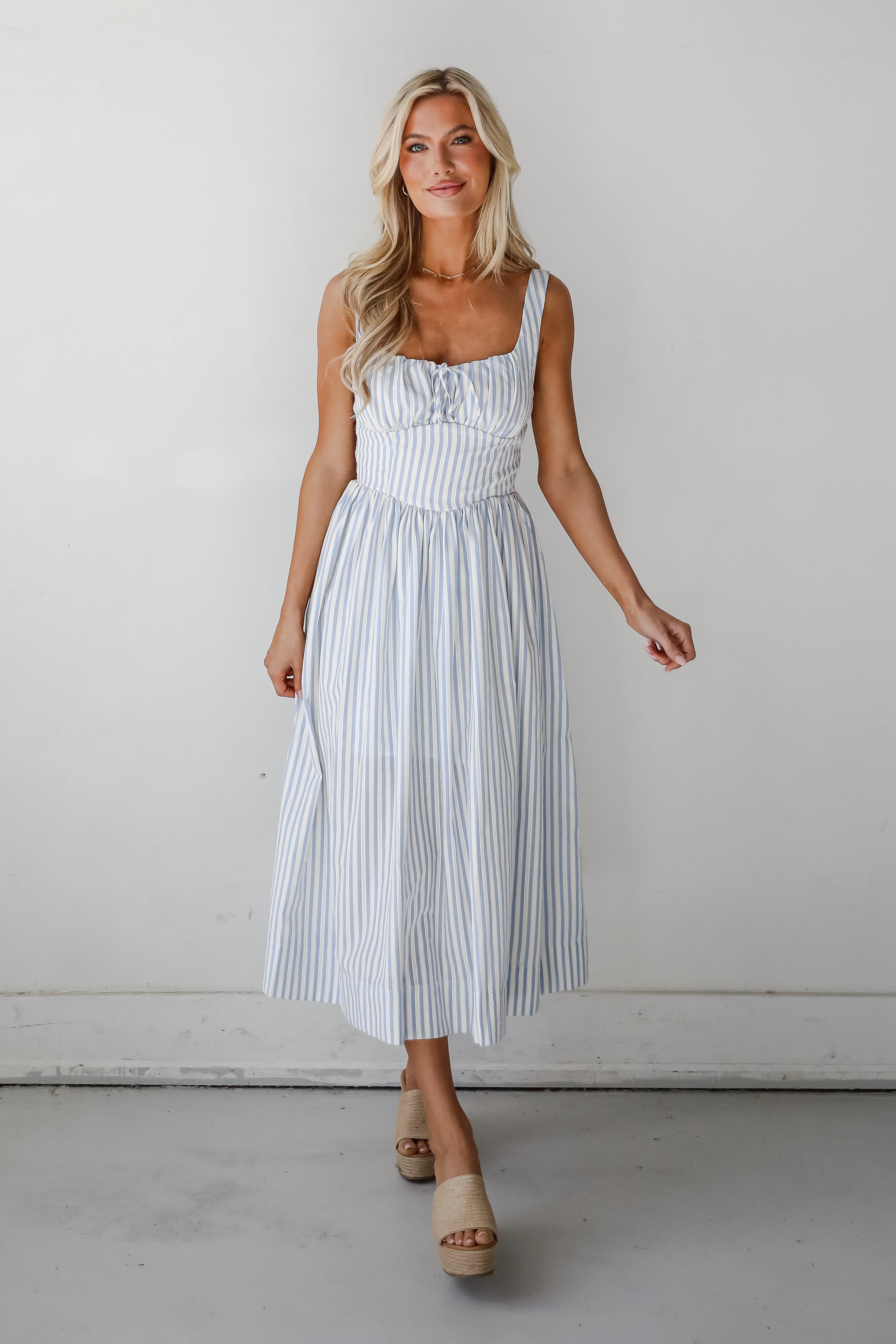 Let There Be Romance Light Blue Striped Midi Dress