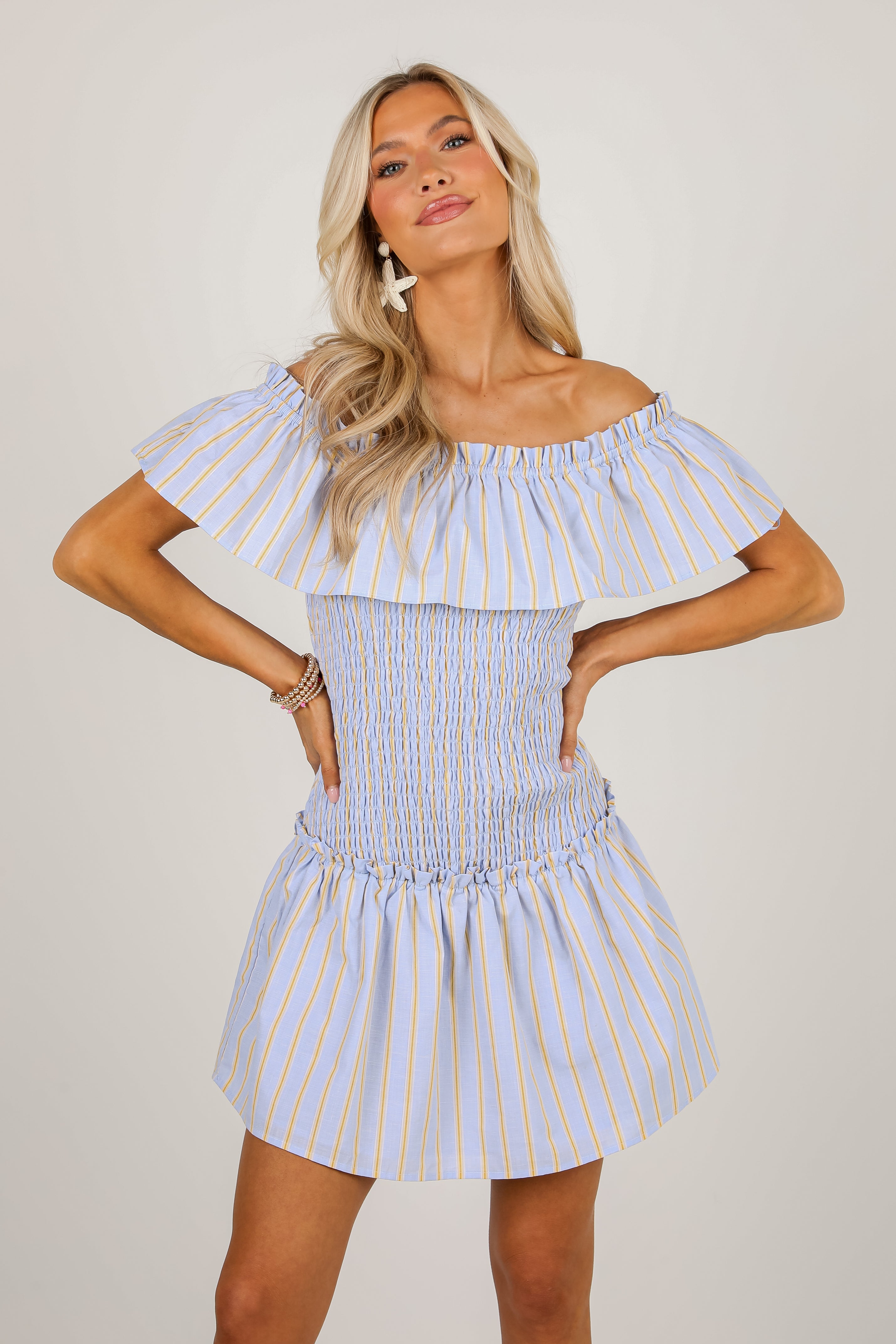 Blissful Love Light Blue Striped Smocked Mini Dress