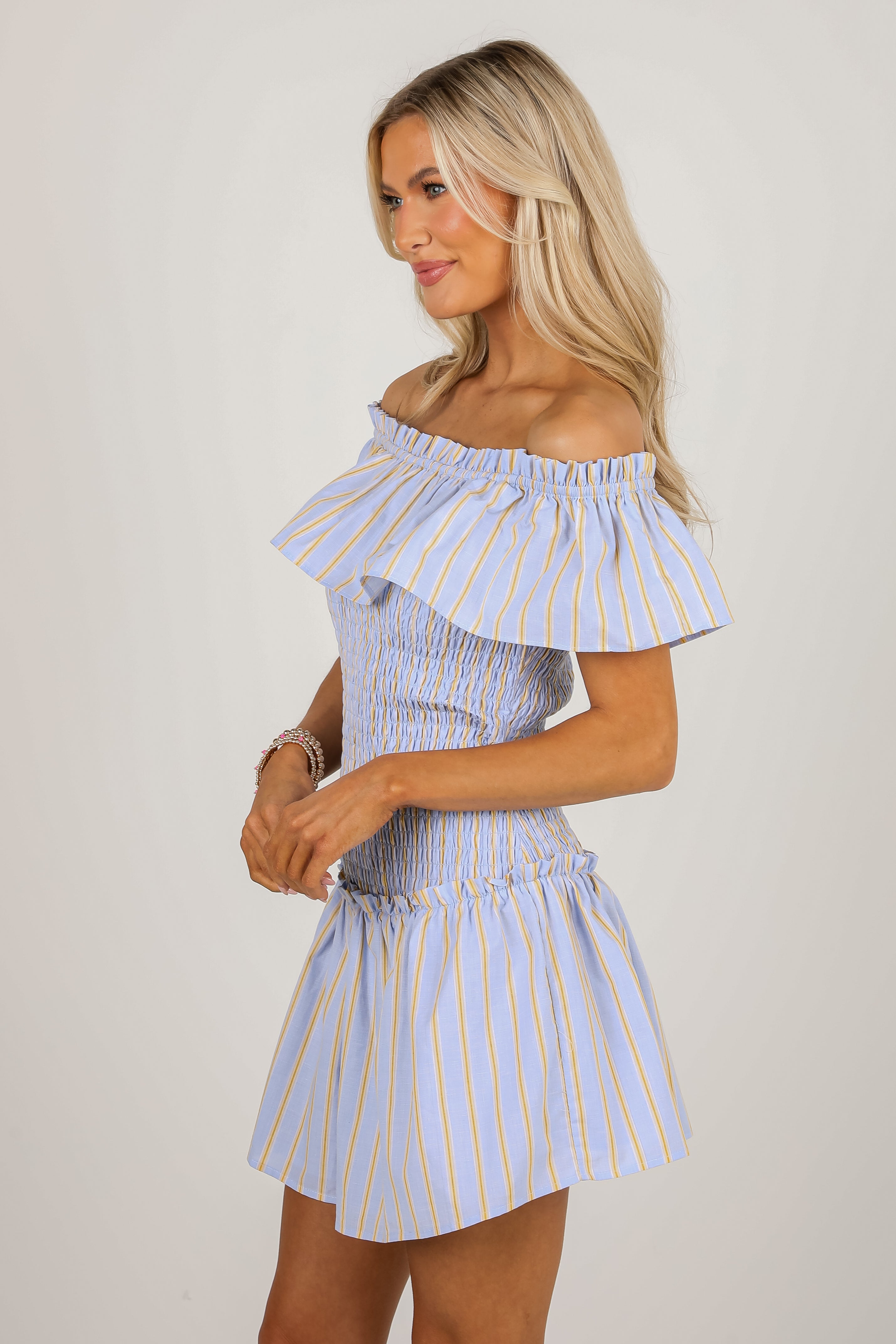Blissful Love Light Blue Striped Smocked Mini Dress