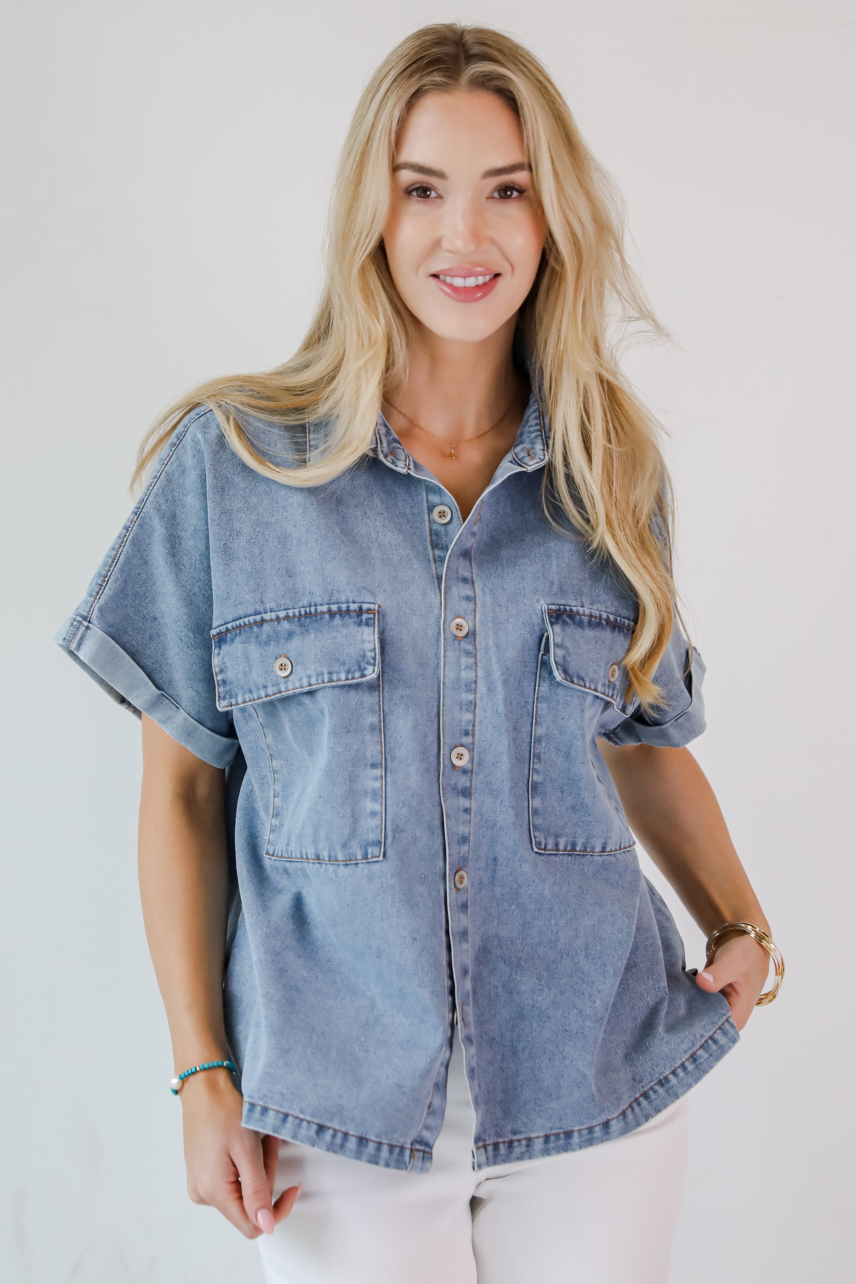 Staycation Sweetie Light Denim Blouse