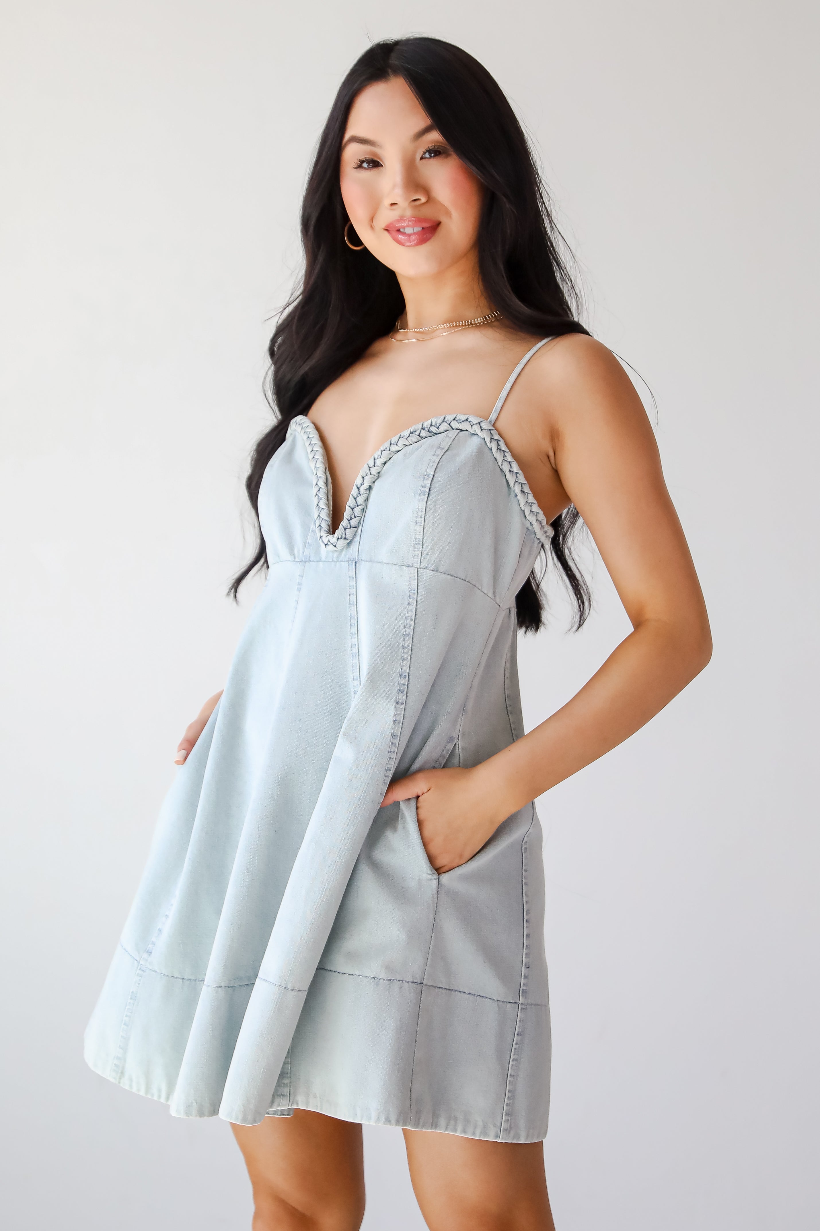 Main Attraction Light Wash Denim Mini Dress
