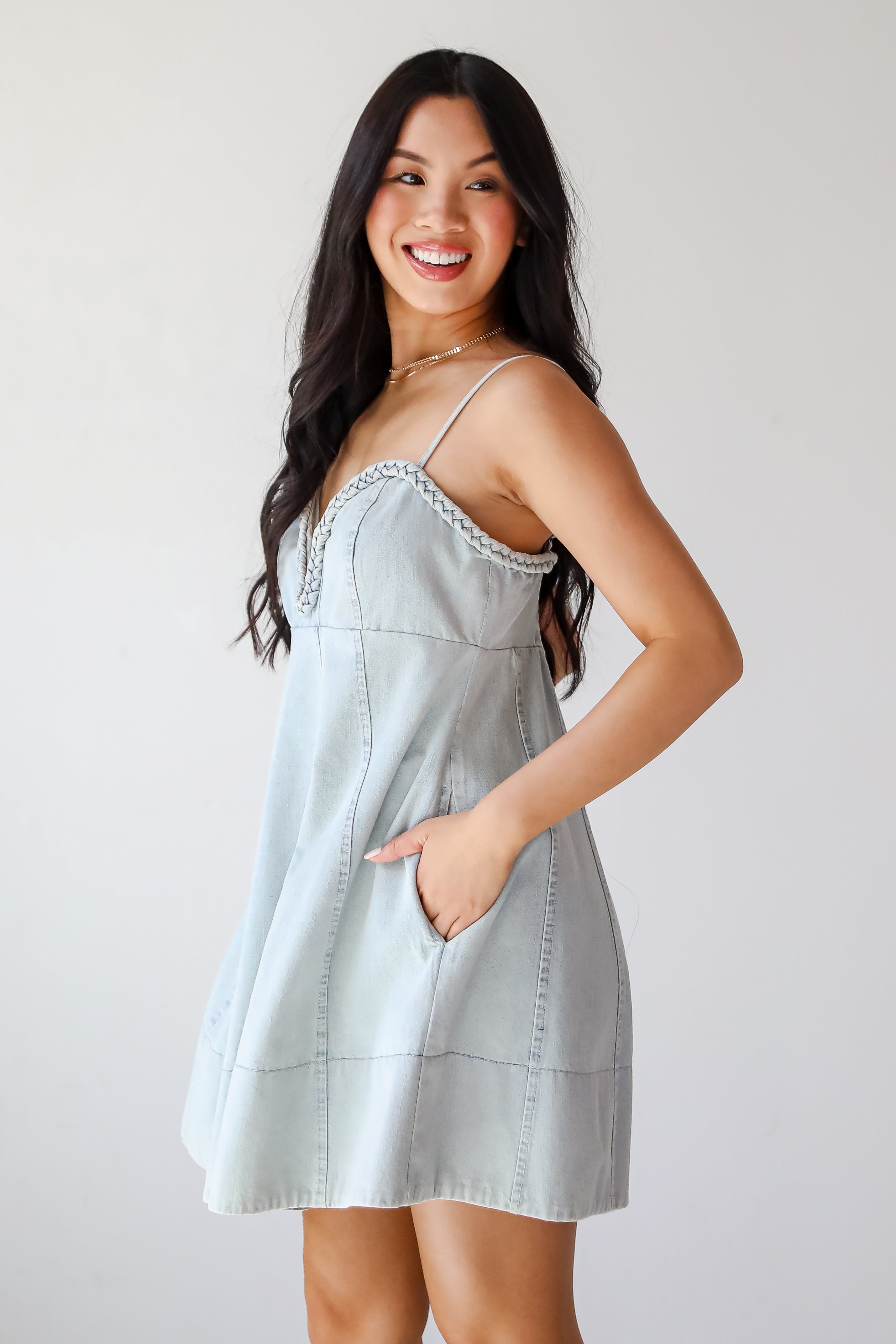 Main Attraction Light Wash Denim Mini Dress