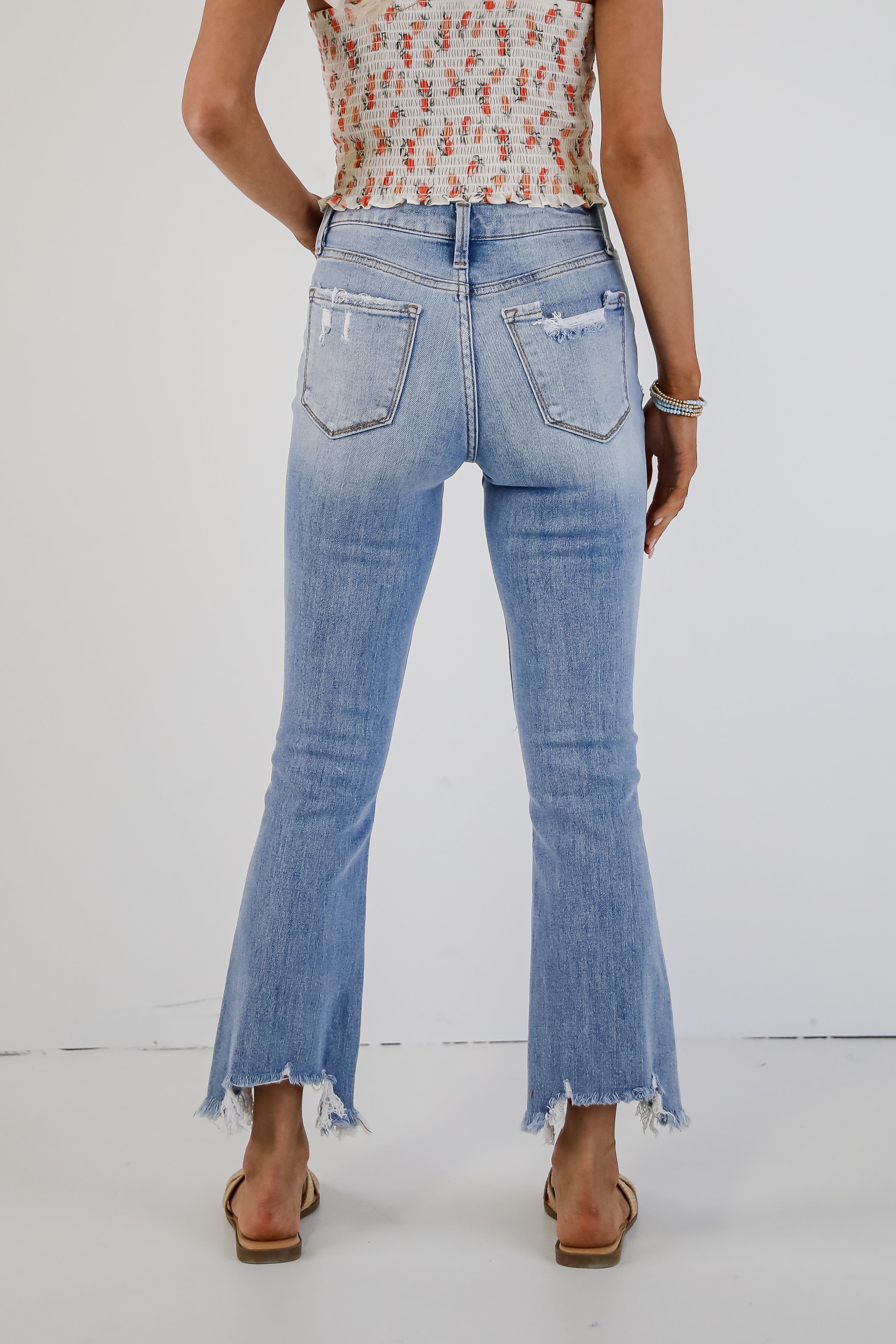 Cindy Light Wash Distressed Crop Flare Jeans