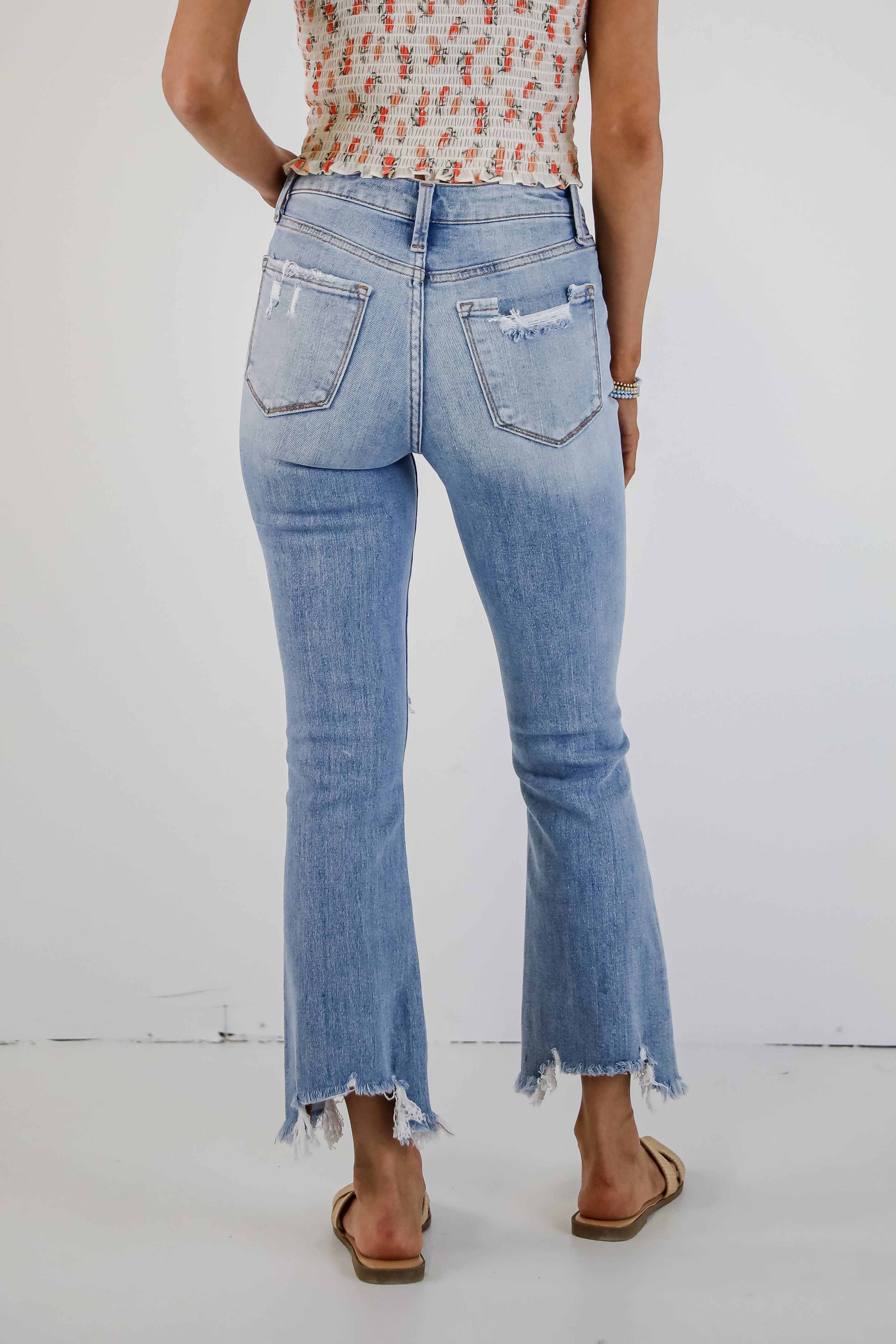 Cindy Light Wash Distressed Crop Flare Jeans