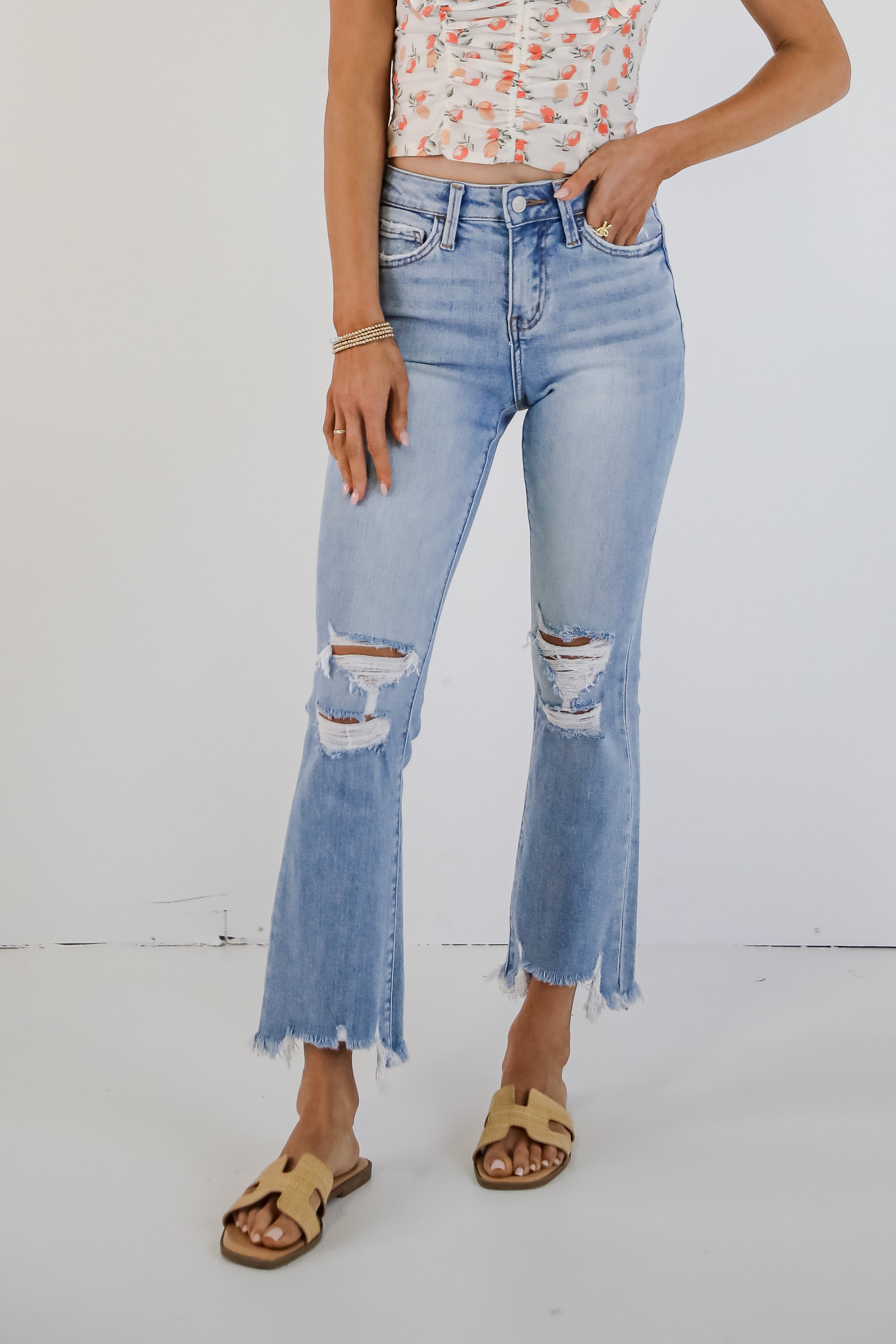 Cindy Light Wash Distressed Crop Flare Jeans