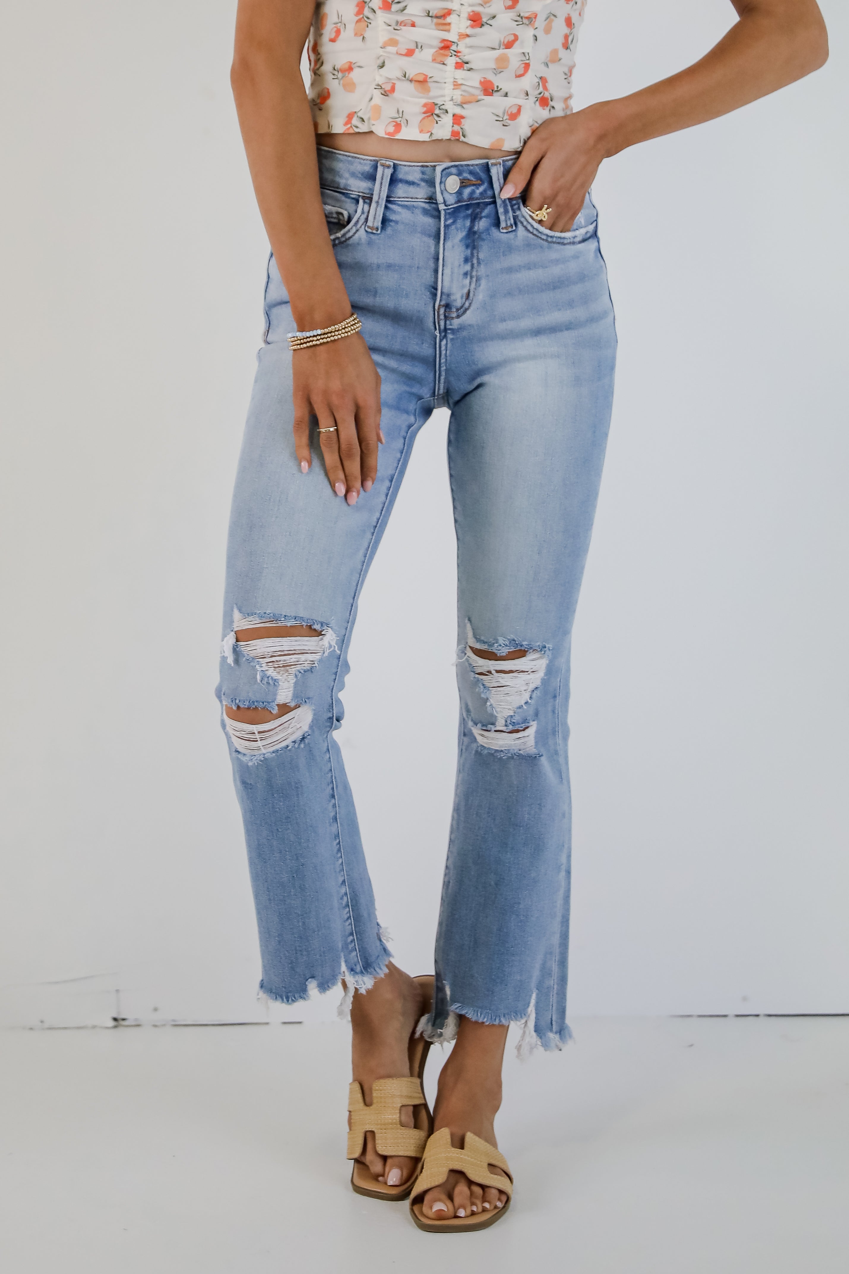 Cindy Light Wash Distressed Crop Flare Jeans
