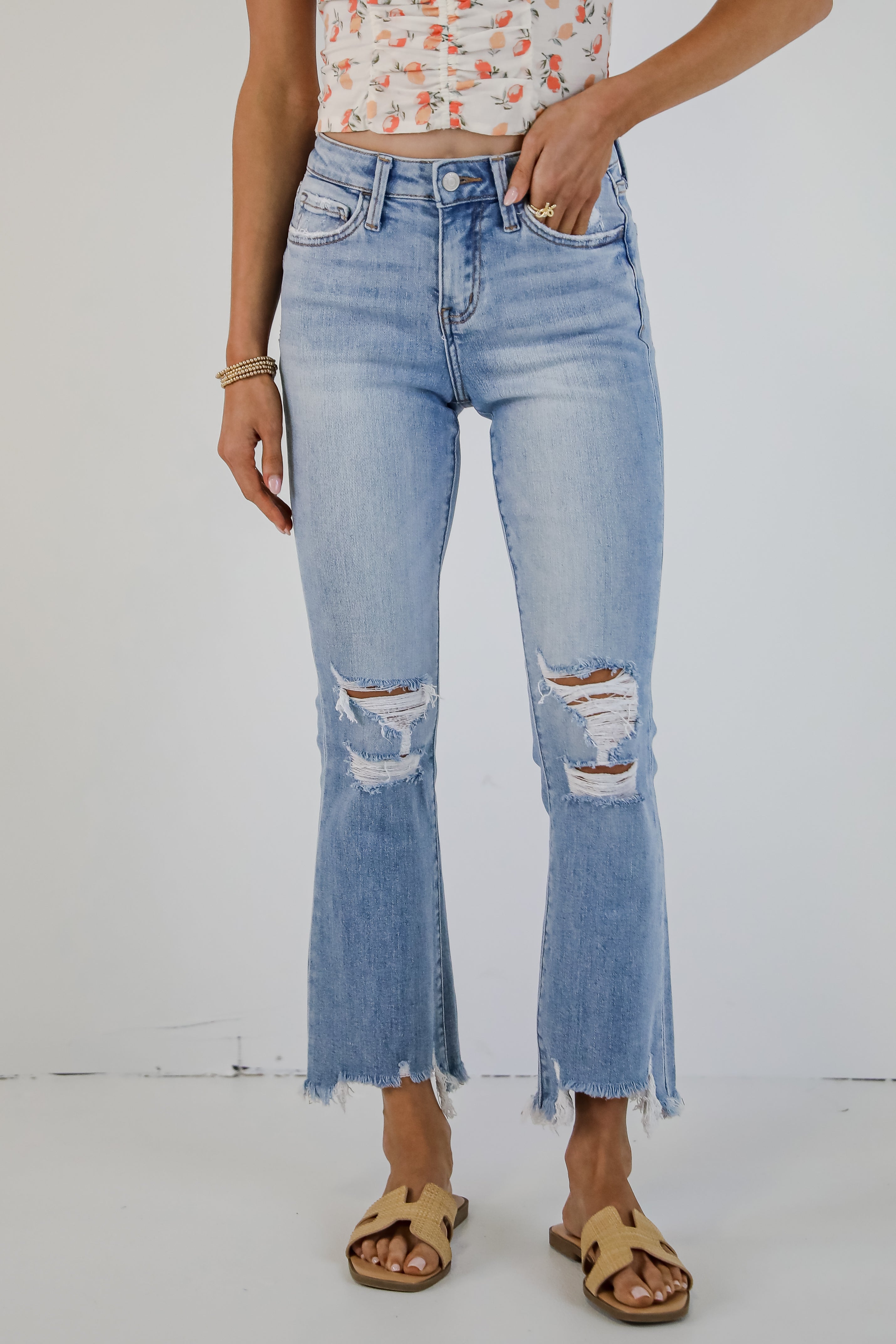 Cindy Light Wash Distressed Crop Flare Jeans