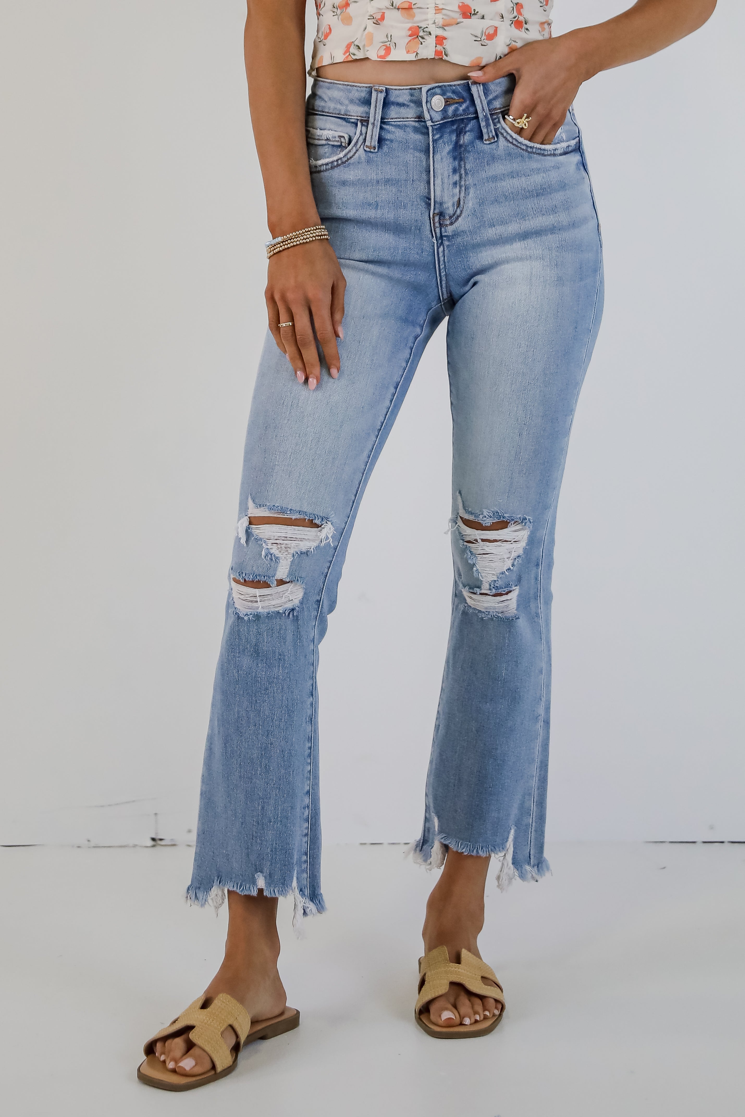 Cindy Light Wash Distressed Crop Flare Jeans
