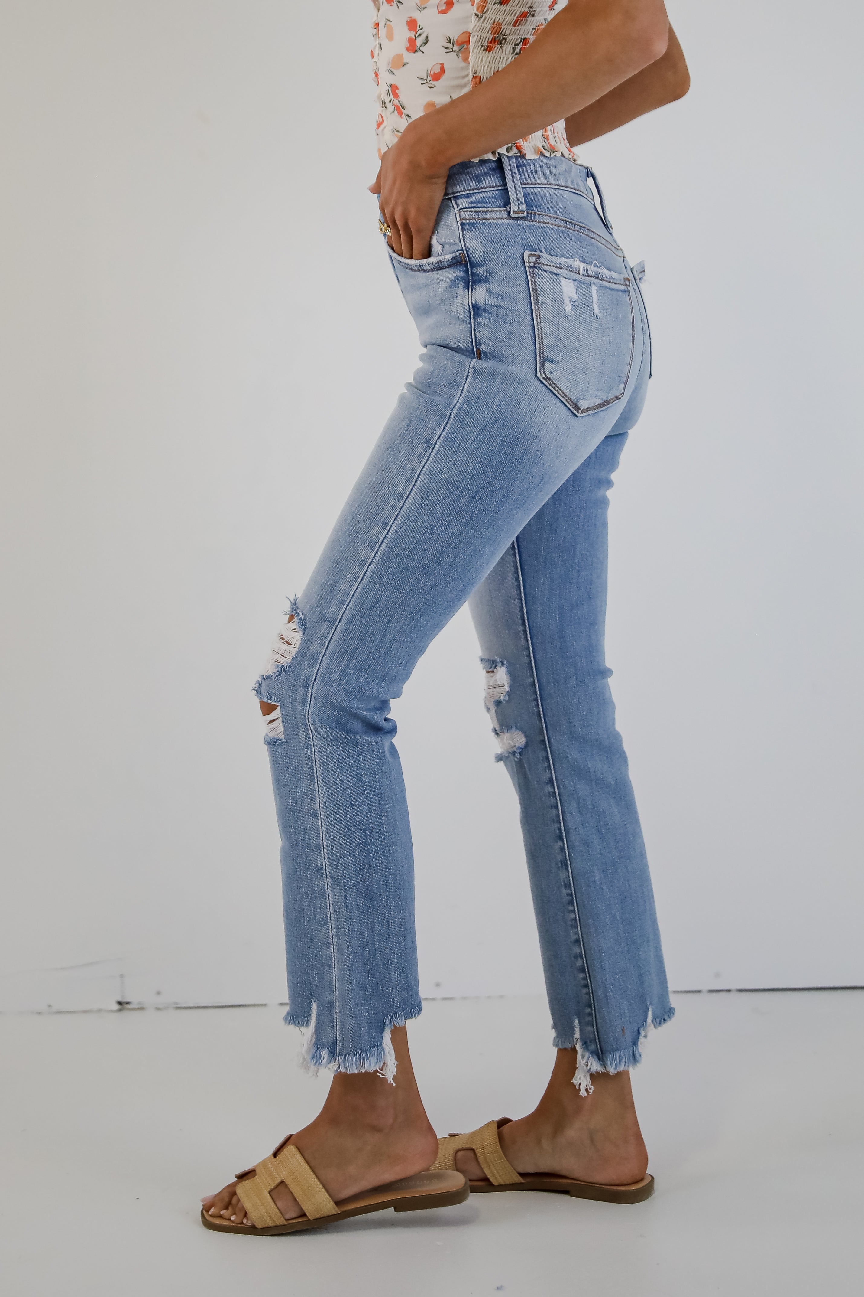 Cindy Light Wash Distressed Crop Flare Jeans