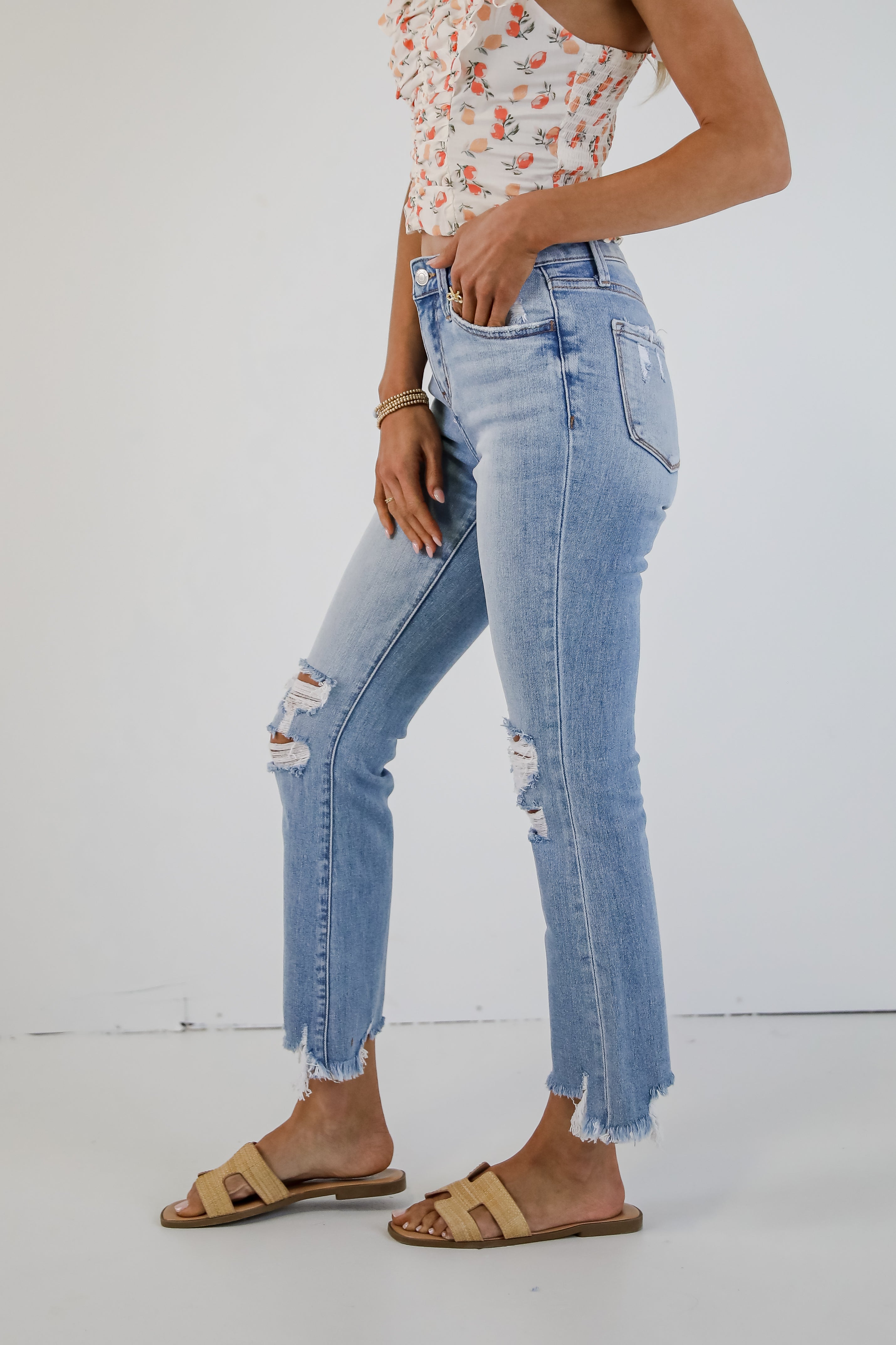 Cindy Light Wash Distressed Crop Flare Jeans