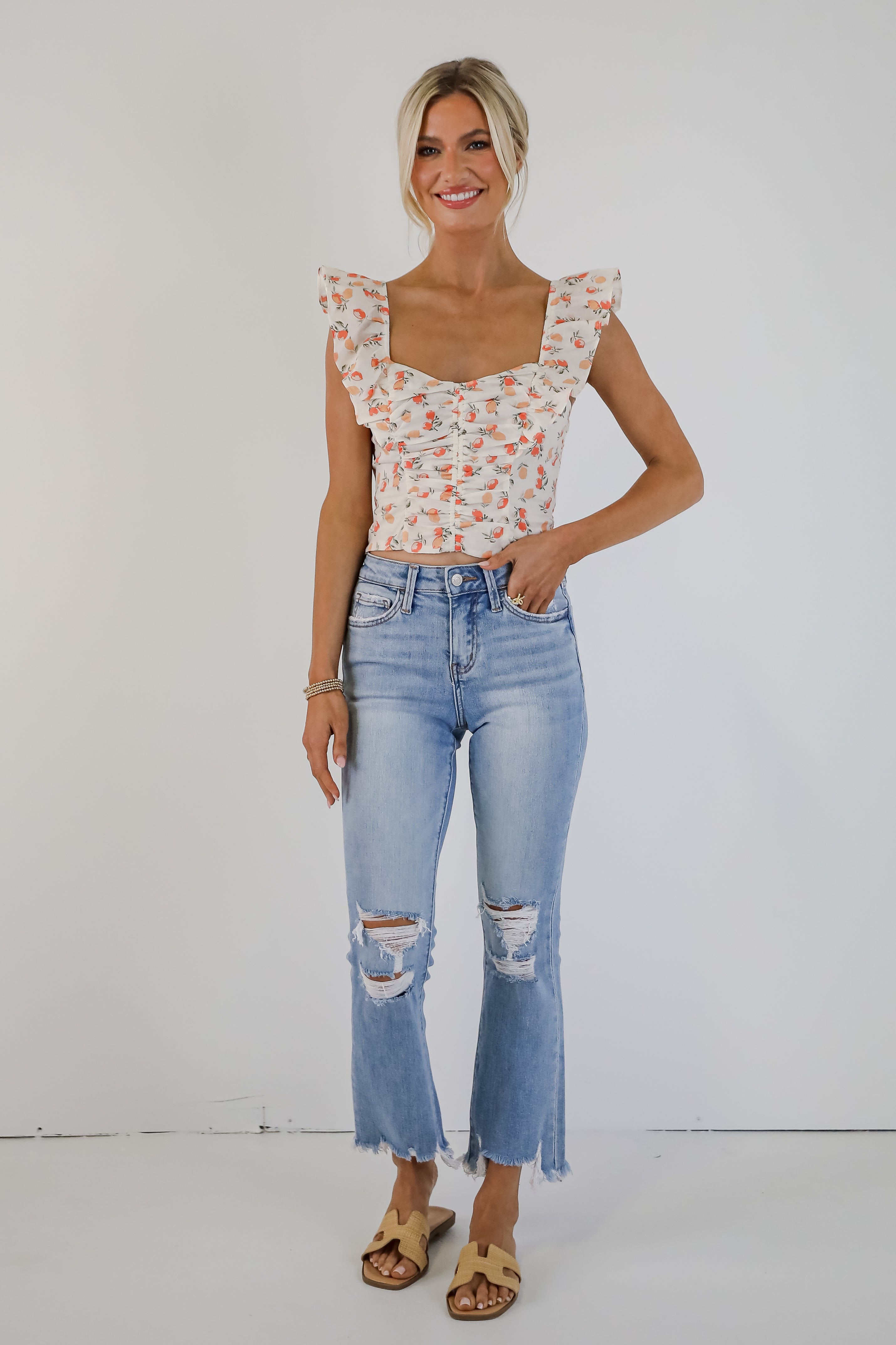 Cindy Light Wash Distressed Crop Flare Jeans