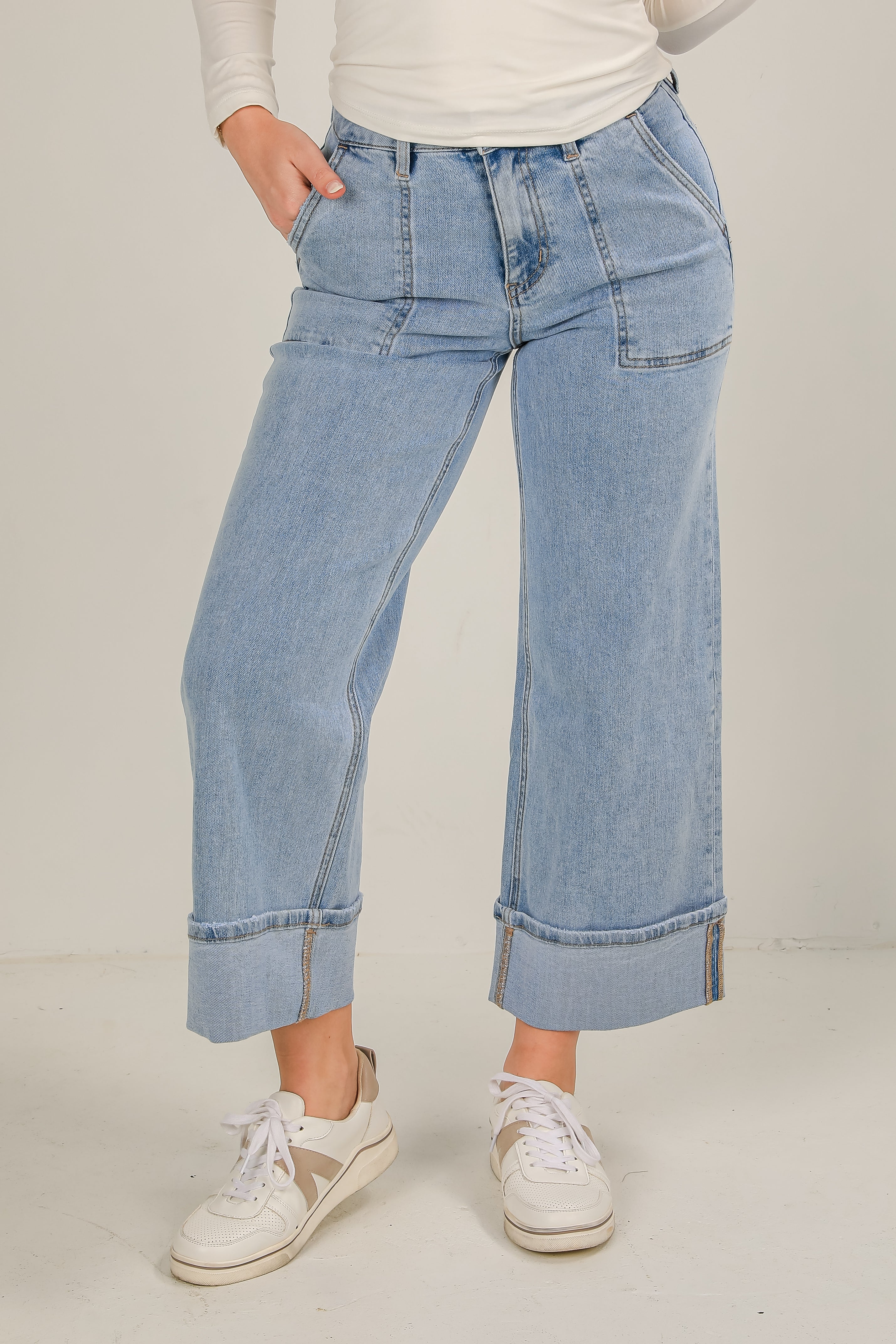 Camille Light Wash High-Rise Cuffed Wide Leg Jeans