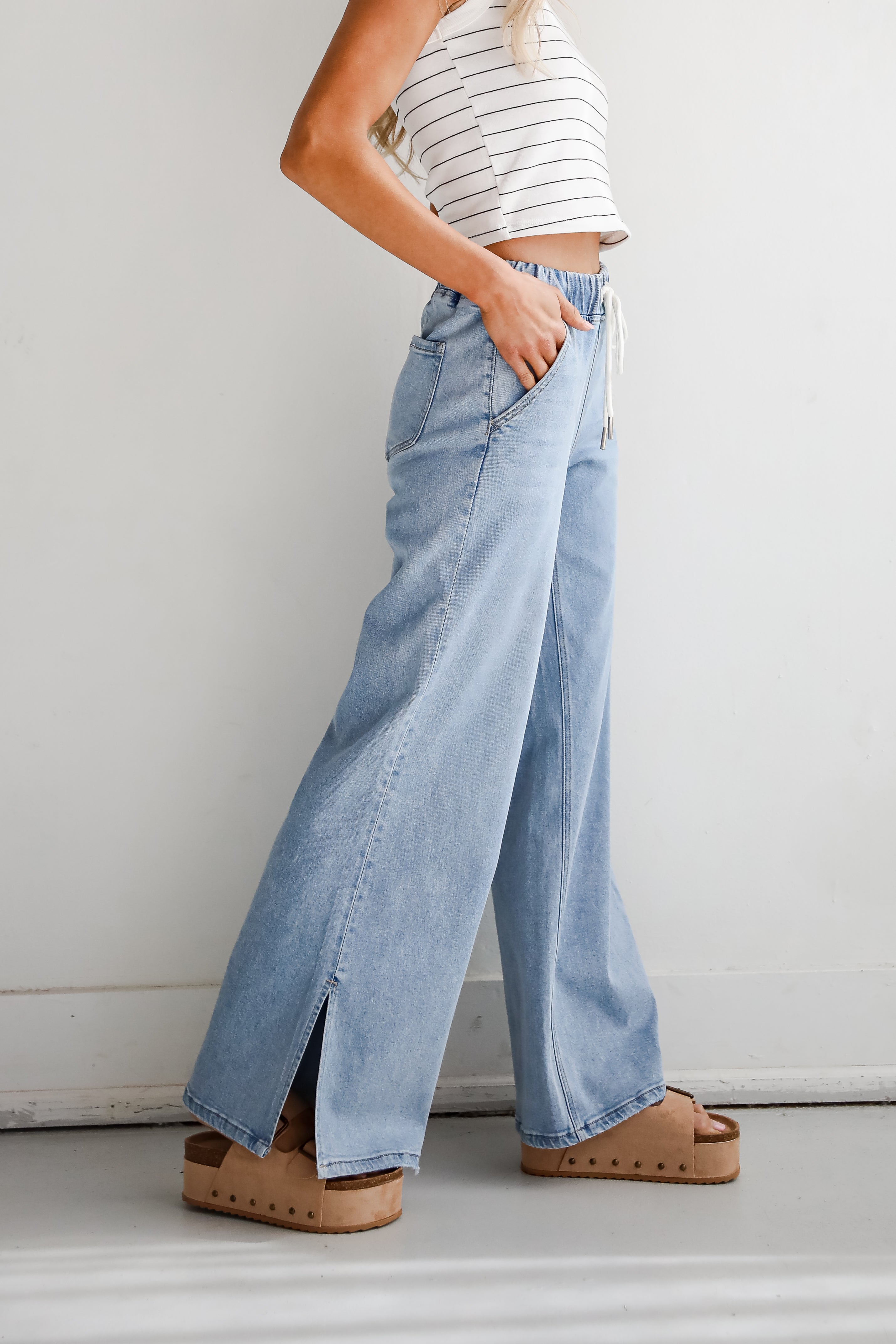 Carla Light Wash High-Rise Drawstring Waist Wide Leg Jeans