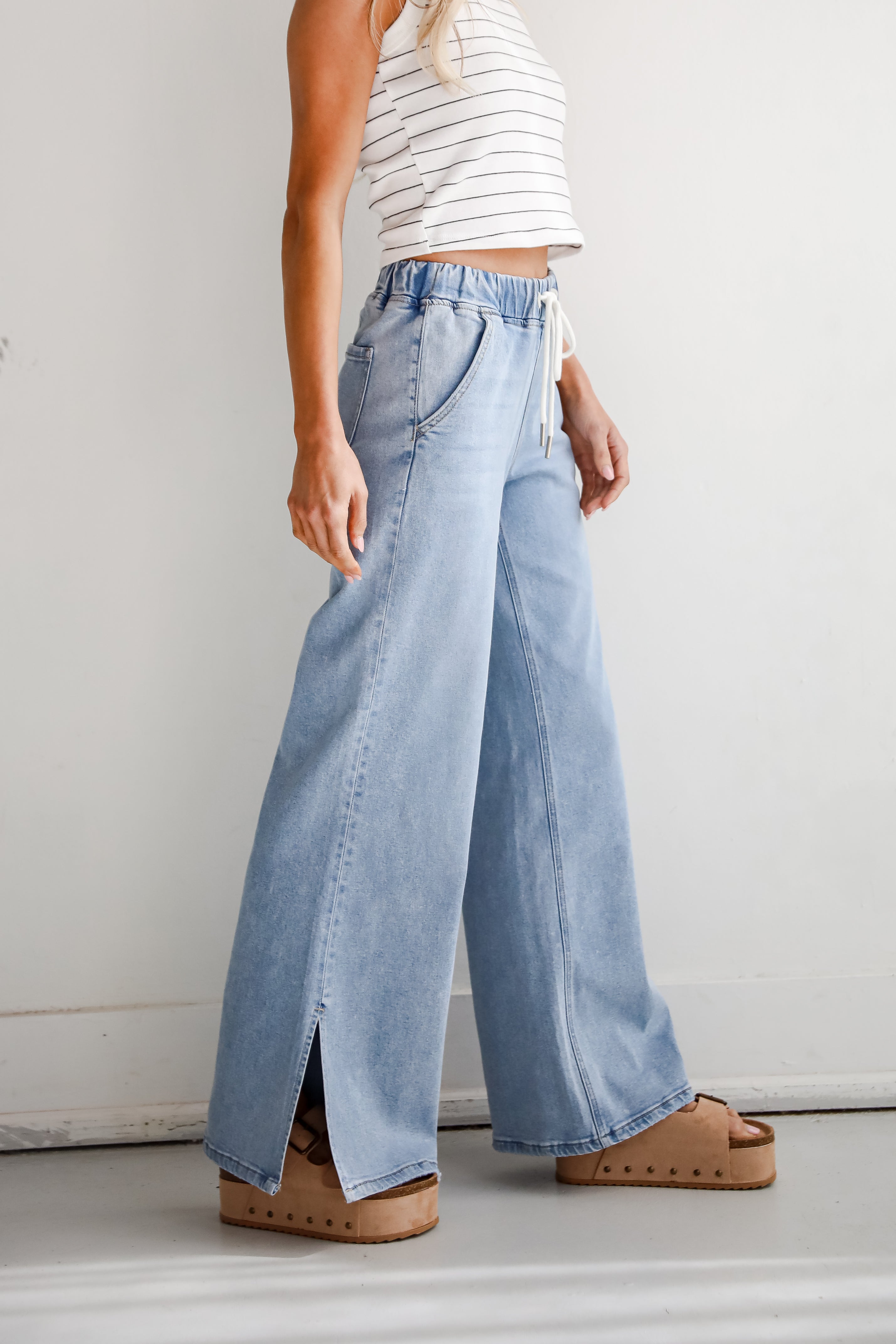 Carla Light Wash High-Rise Drawstring Waist Wide Leg Jeans