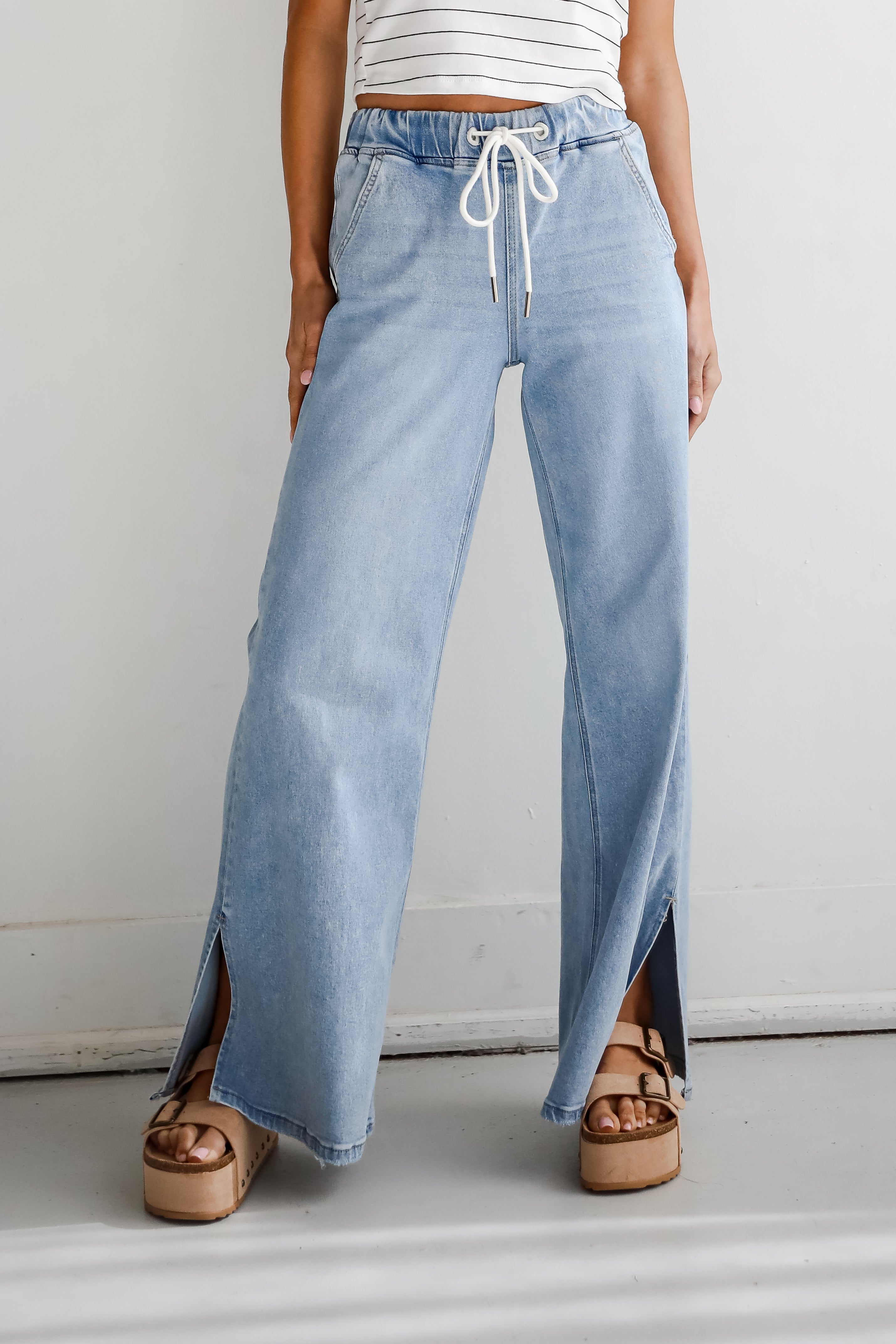 Carla Light Wash High-Rise Drawstring Waist Wide Leg Jeans