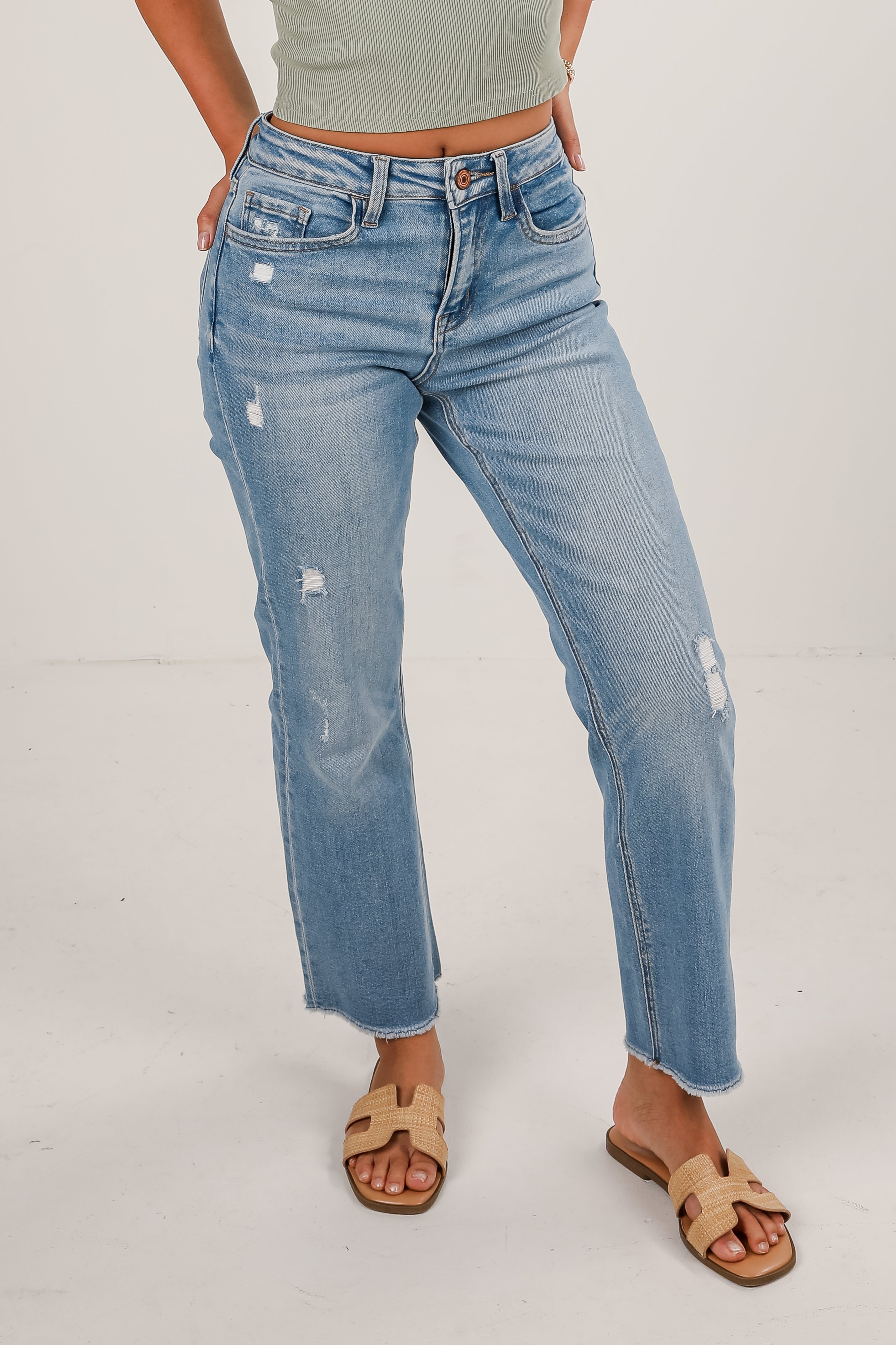 Aria Light Wash High-Rise Distressed Stretch Straight Jeans