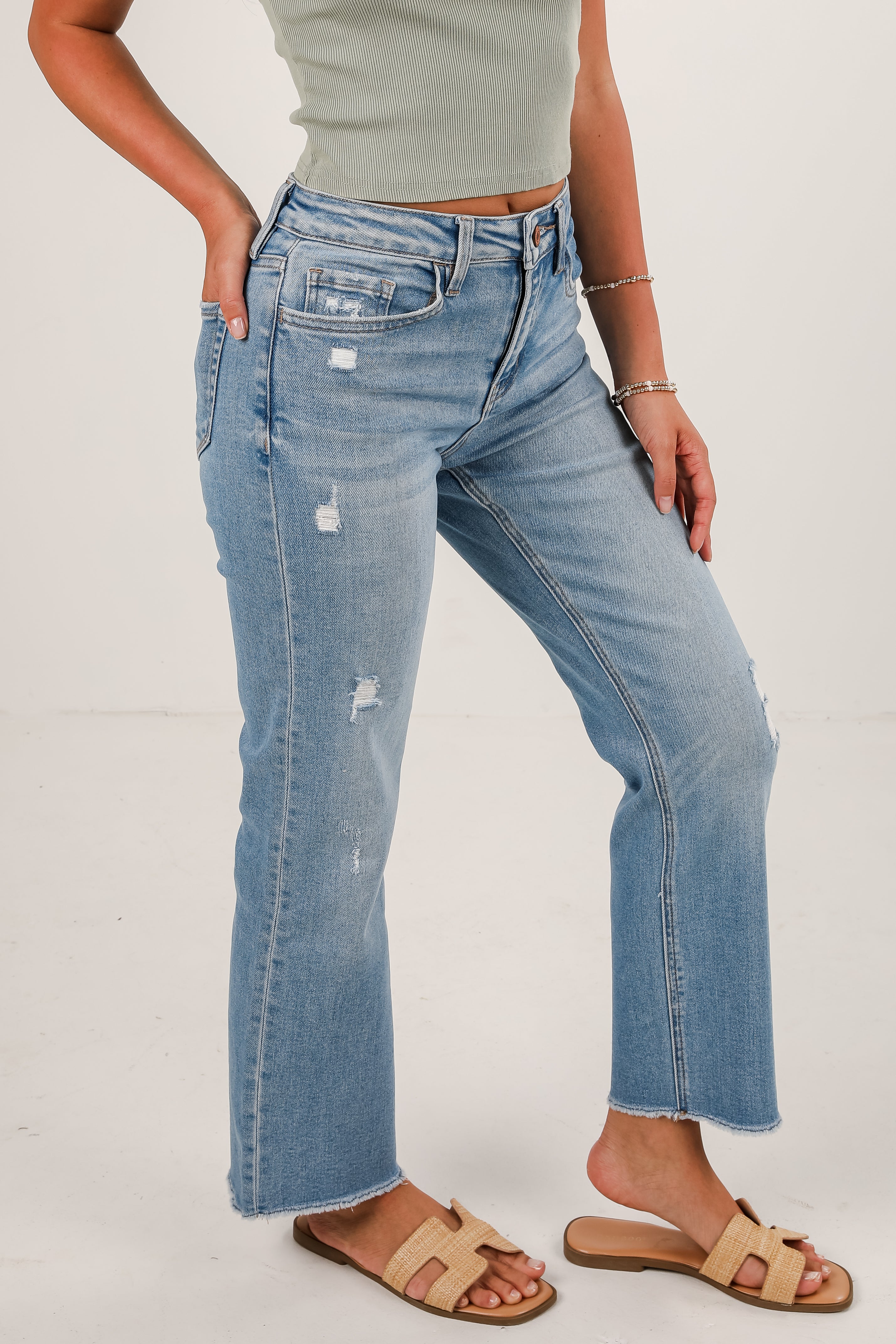 Aria Light Wash High-Rise Distressed Stretch Straight Jeans