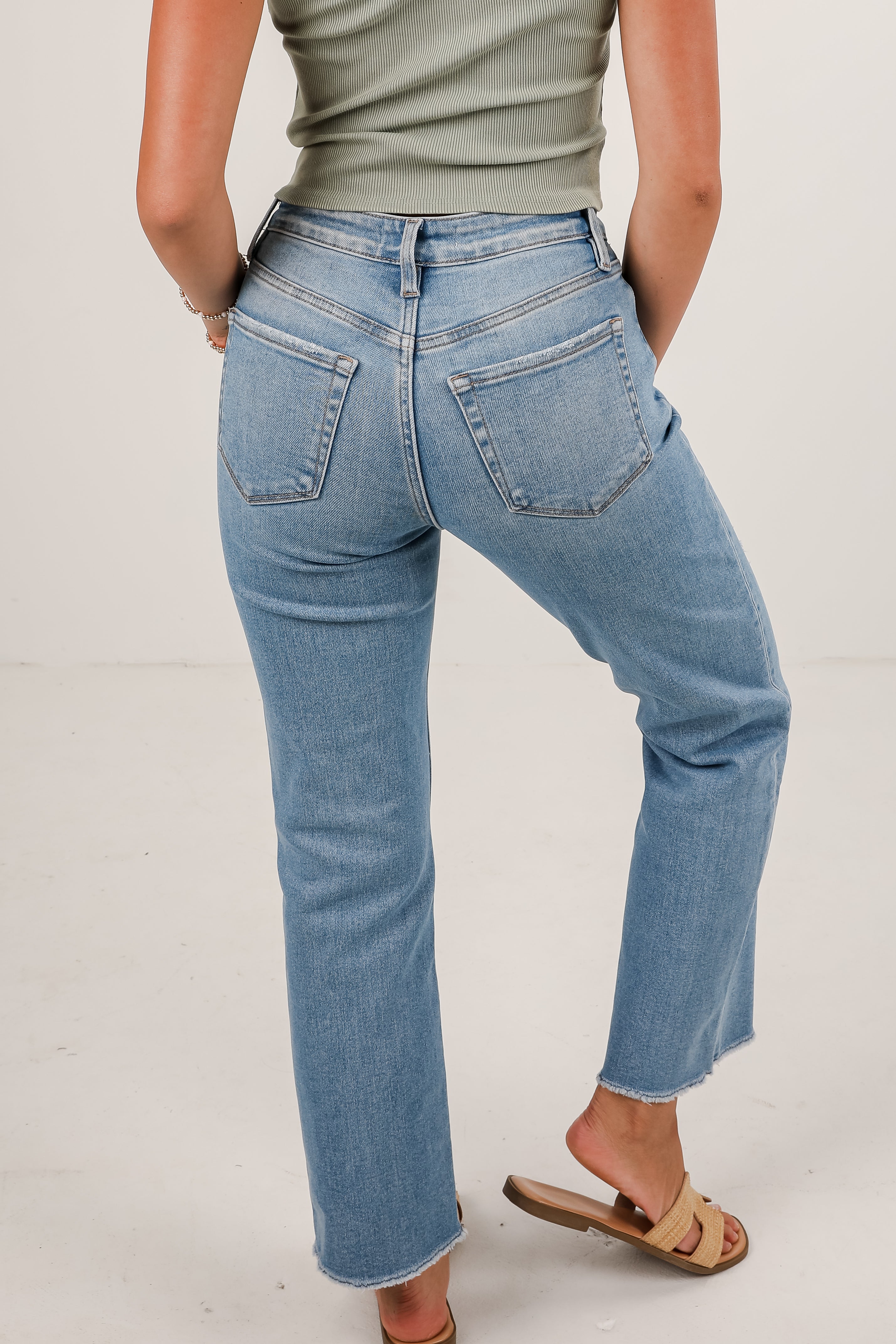 Aria Light Wash High-Rise Distressed Stretch Straight Jeans