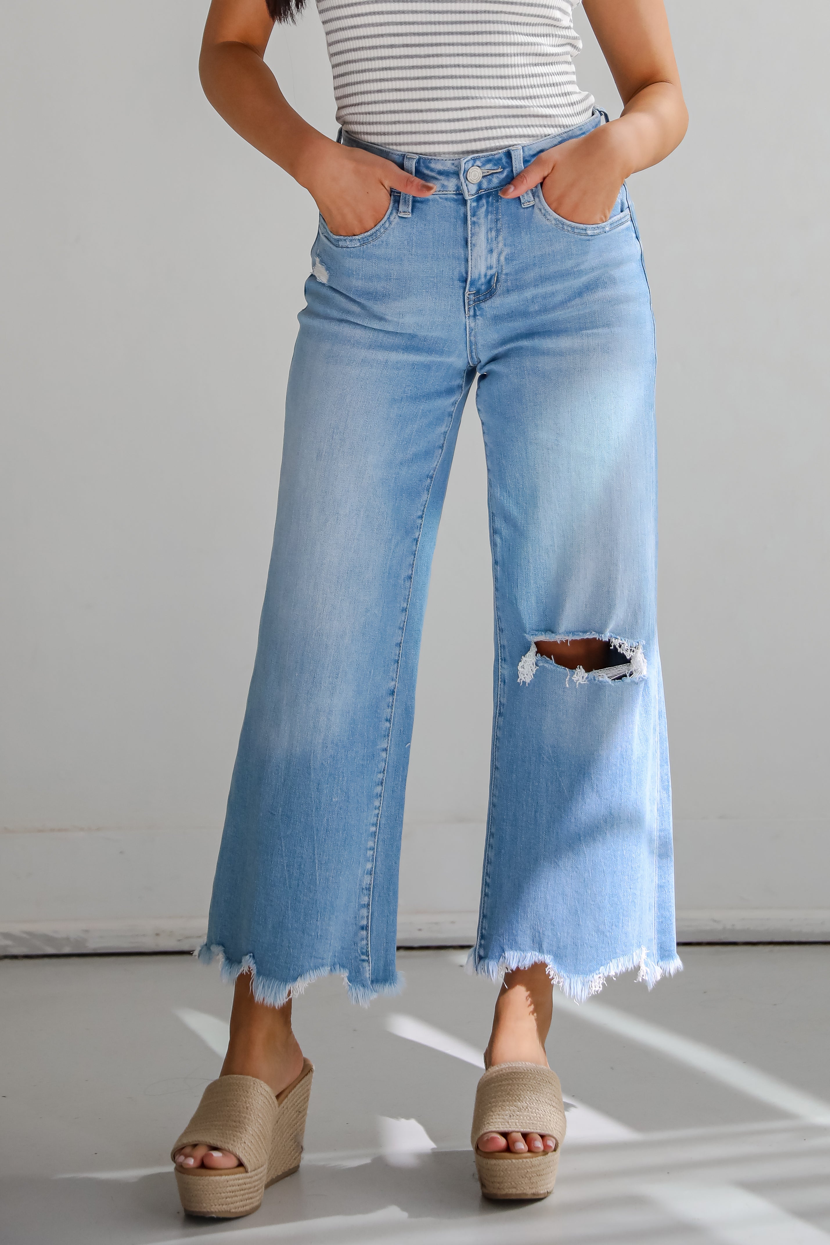 Jamie Light Wash High-Rise Distressed Wide Leg Jeans