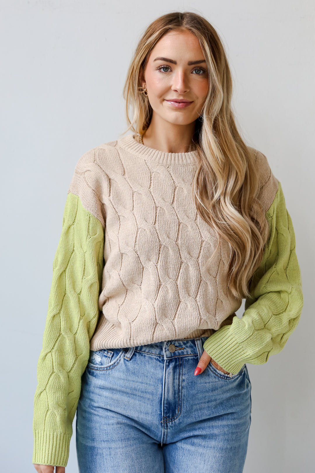 Color Block Cable Knit Sweater on model