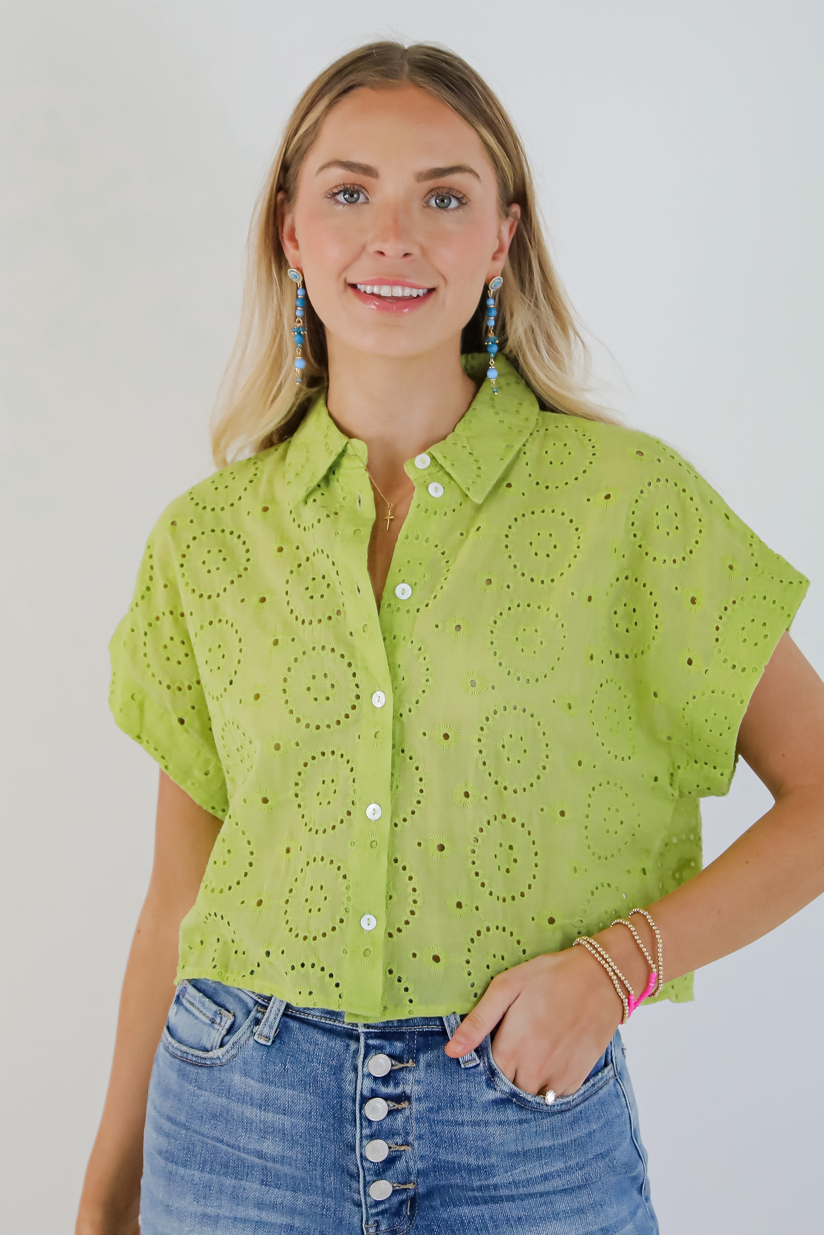Weekend Wanderer Lime Eyelet Blouse - DU DEAL