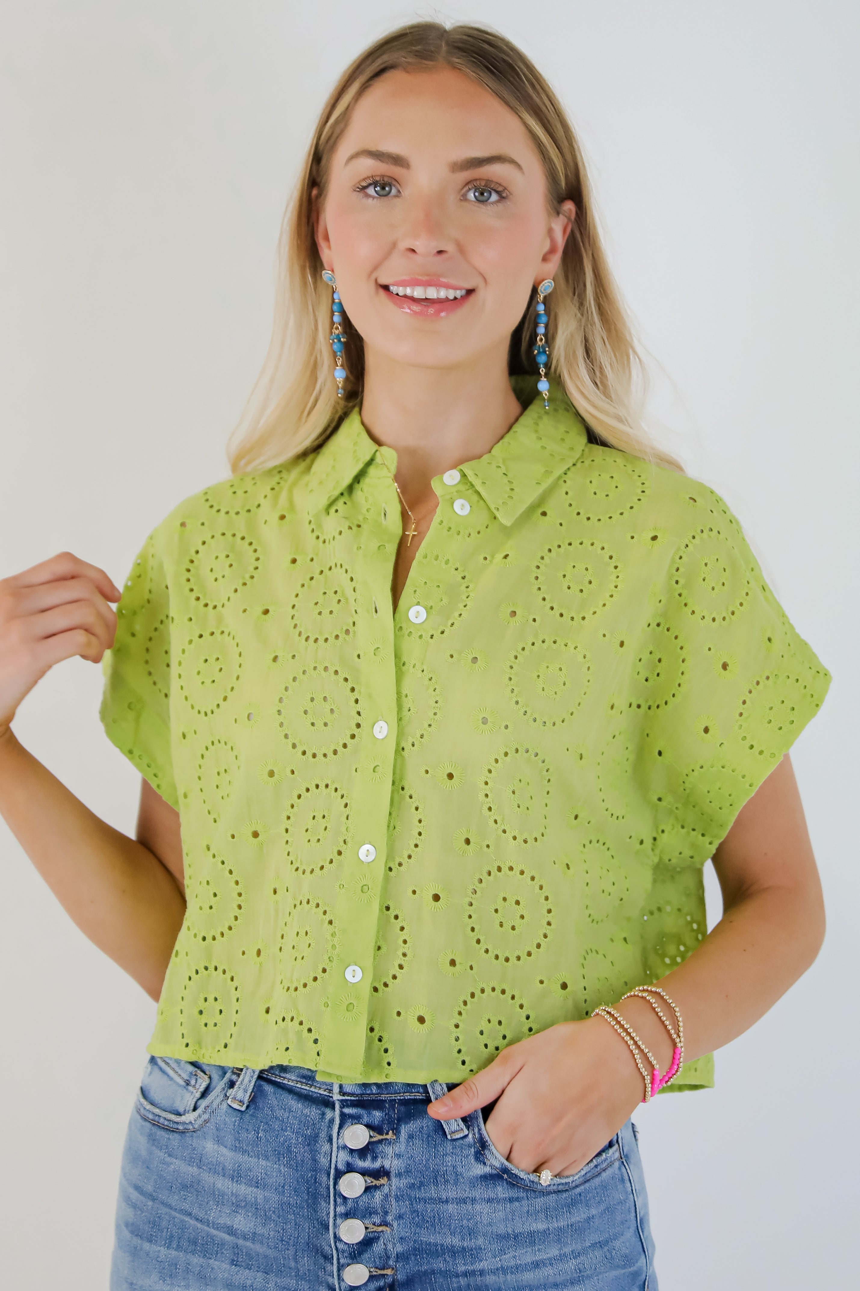 Weekend Wanderer Lime Eyelet Blouse - DU DEAL