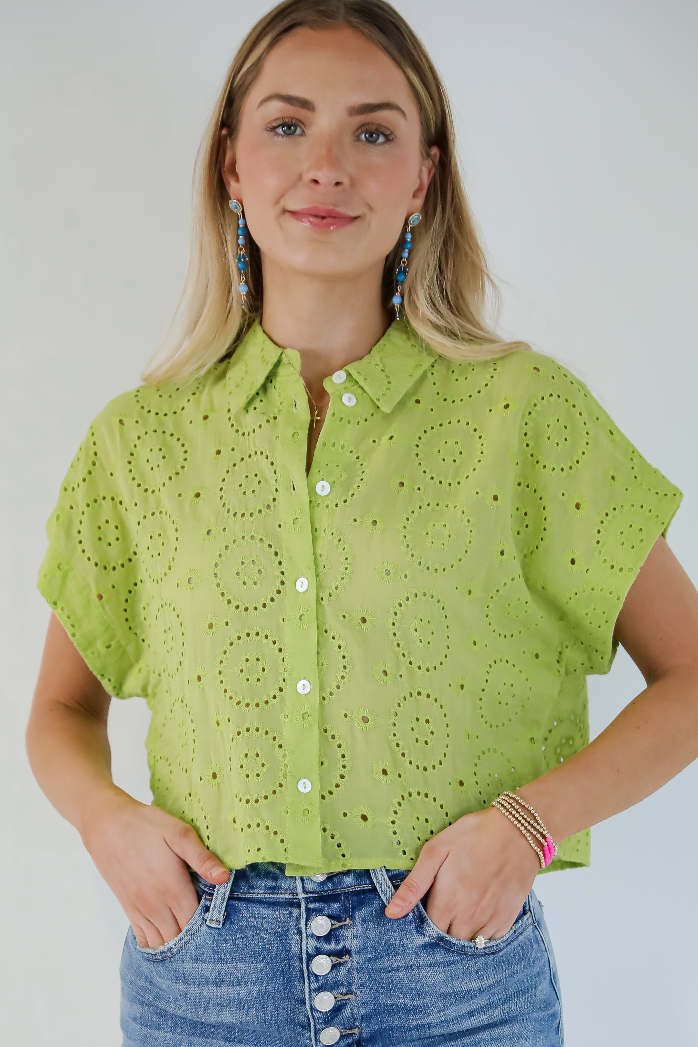 Weekend Wanderer Lime Eyelet Blouse - DU DEAL