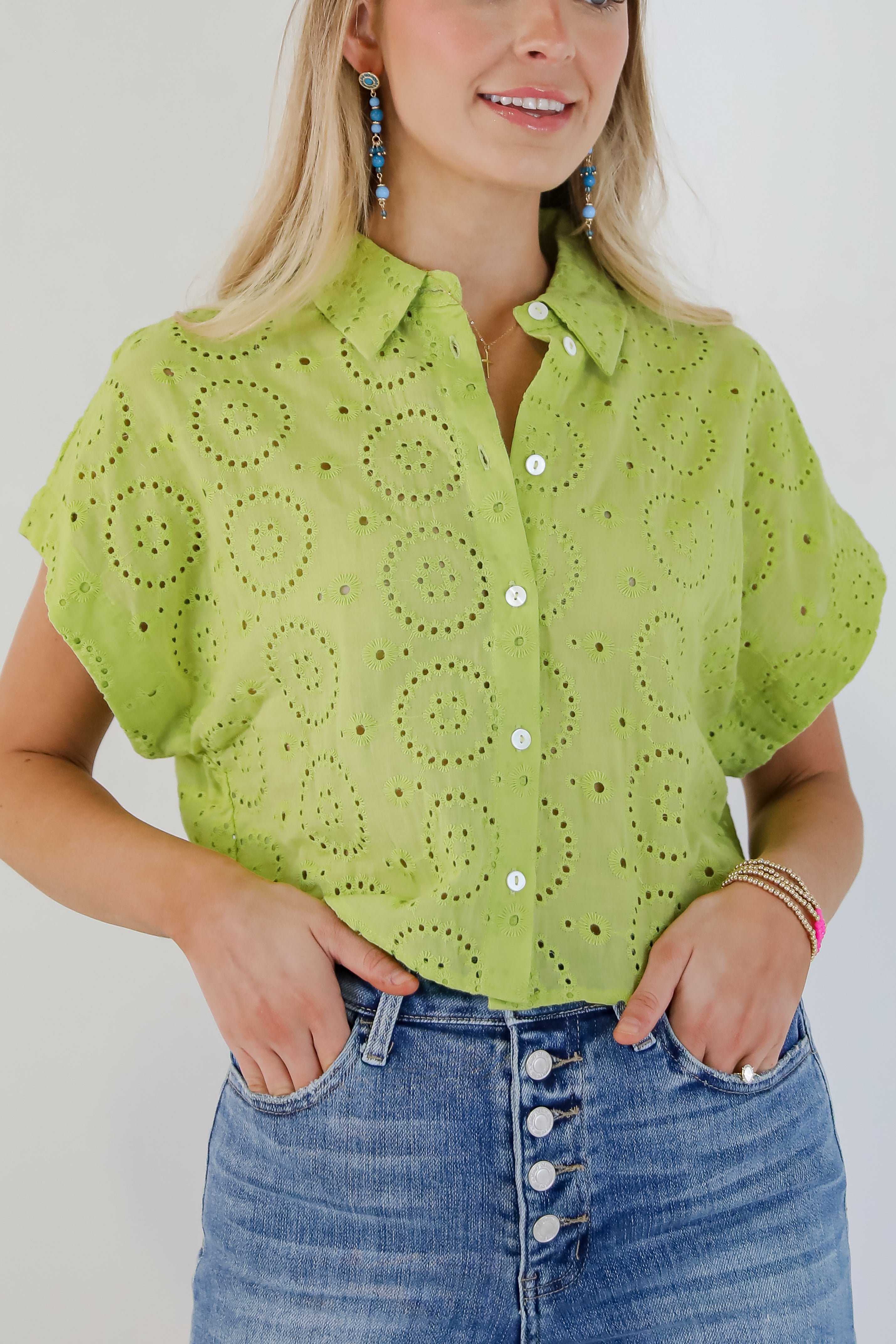 Weekend Wanderer Lime Eyelet Blouse - DU DEAL