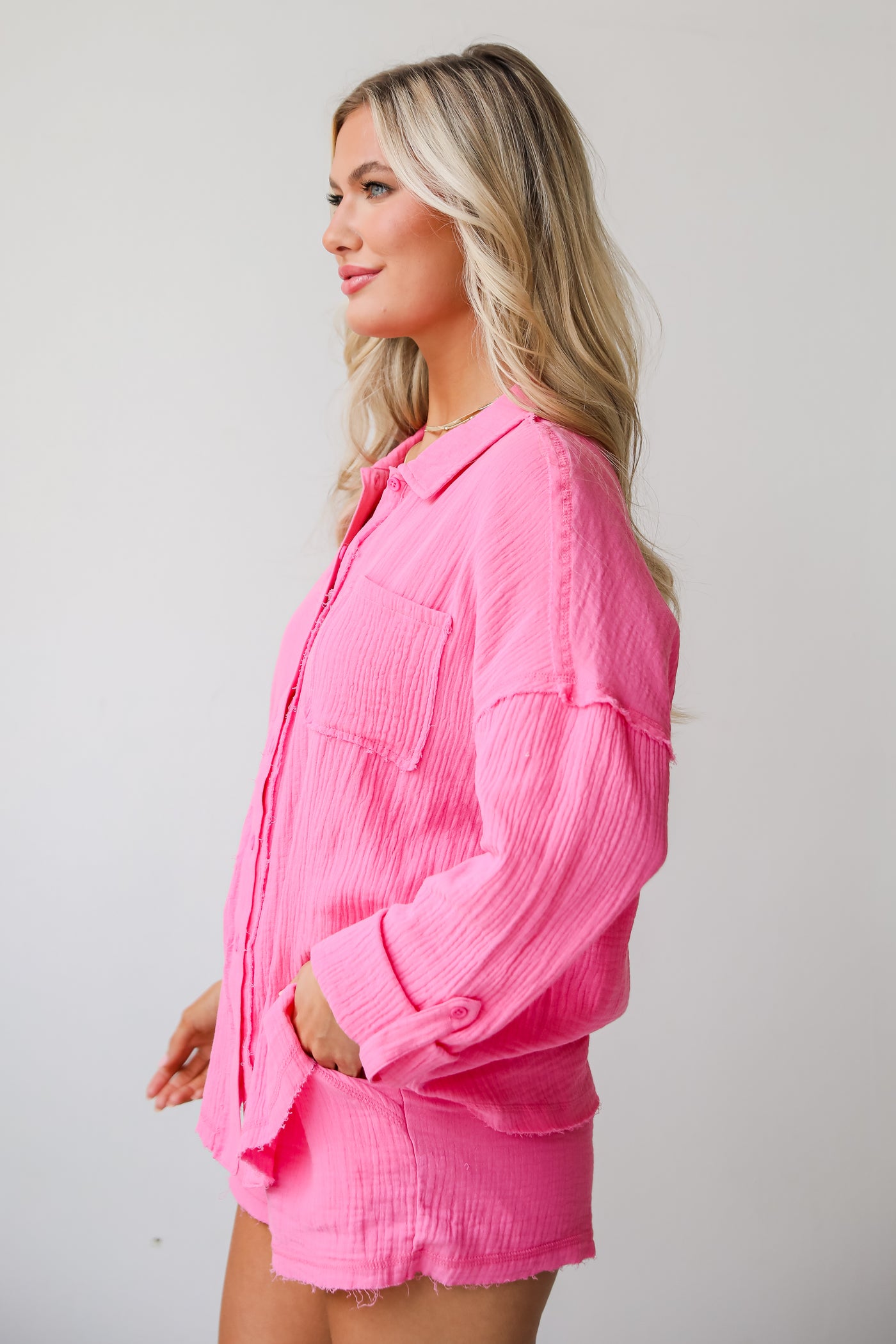 pink Linen Button-Up Blouse for women