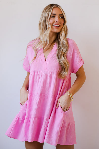 Blissful Oasis Linen Babydoll Mini Dress cute pink dresses