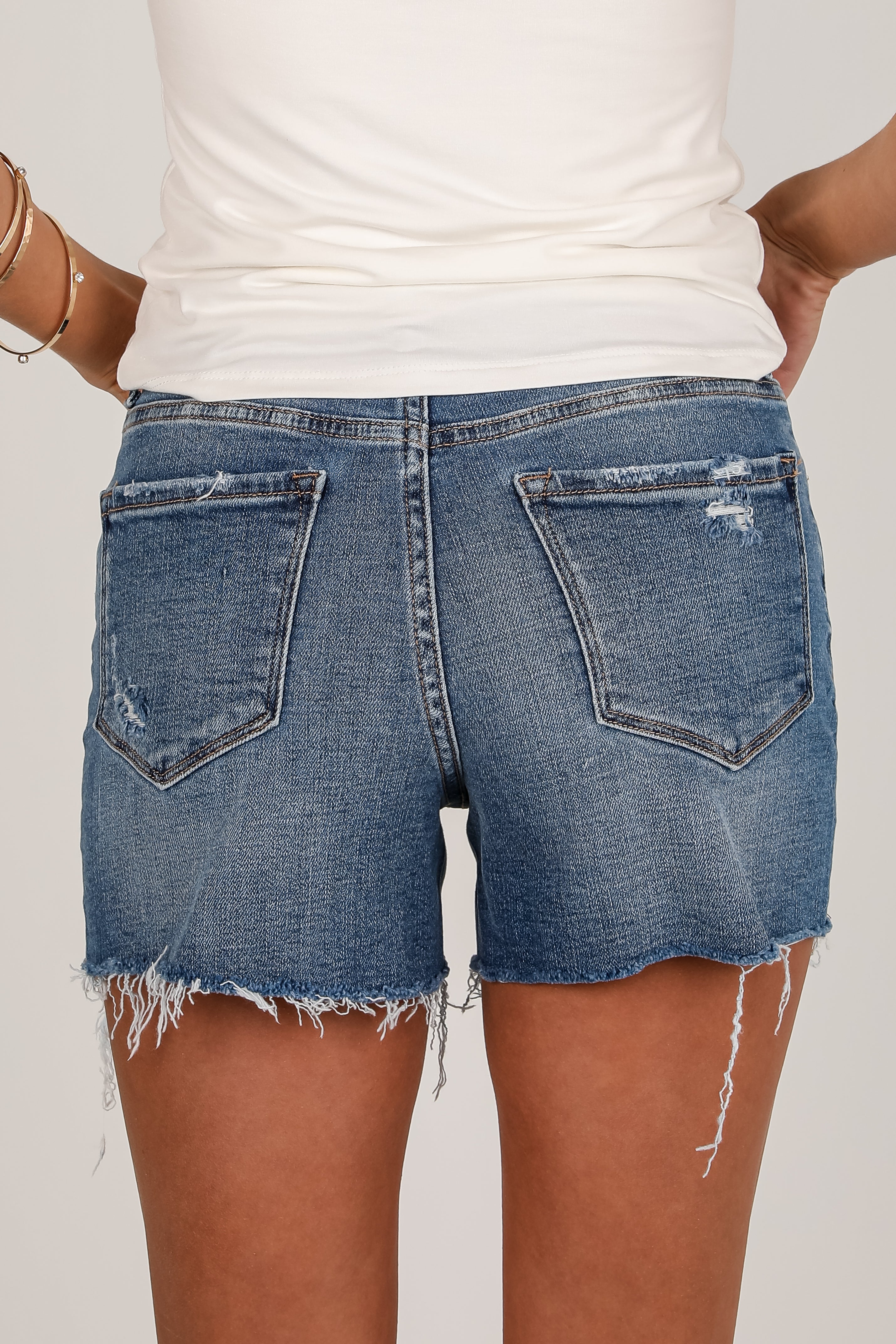 Elena Medium Wash High-Rise Distressed Denim Shorts