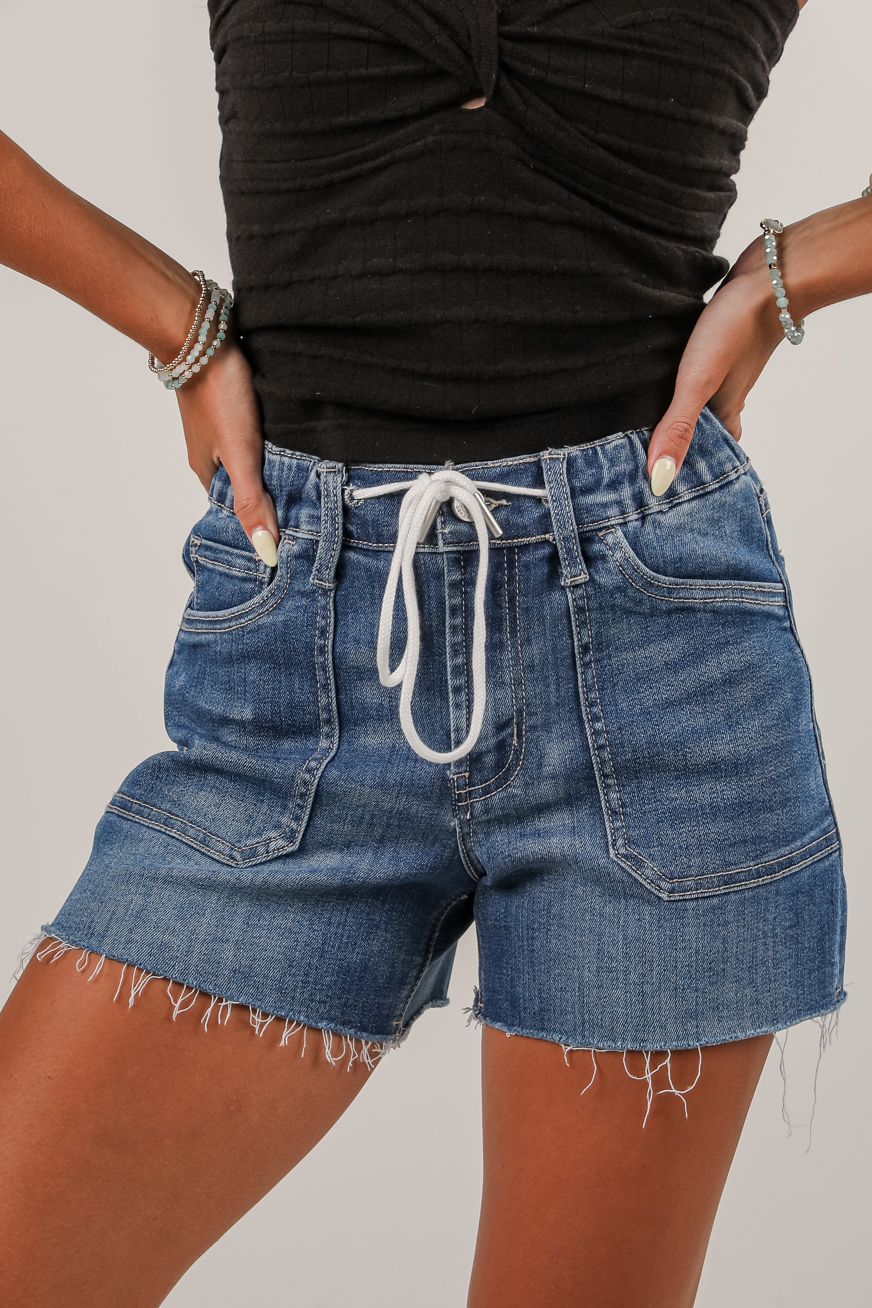 Medium Wash High-Rise Drawstring Denim Shorts | Vervet Jeans | DressUp Medium Wash / X-Small Medium Wash High-Rise Drawstring Denim Shorts | Vervet Jeans | DressUp Medium Wash / X-Small