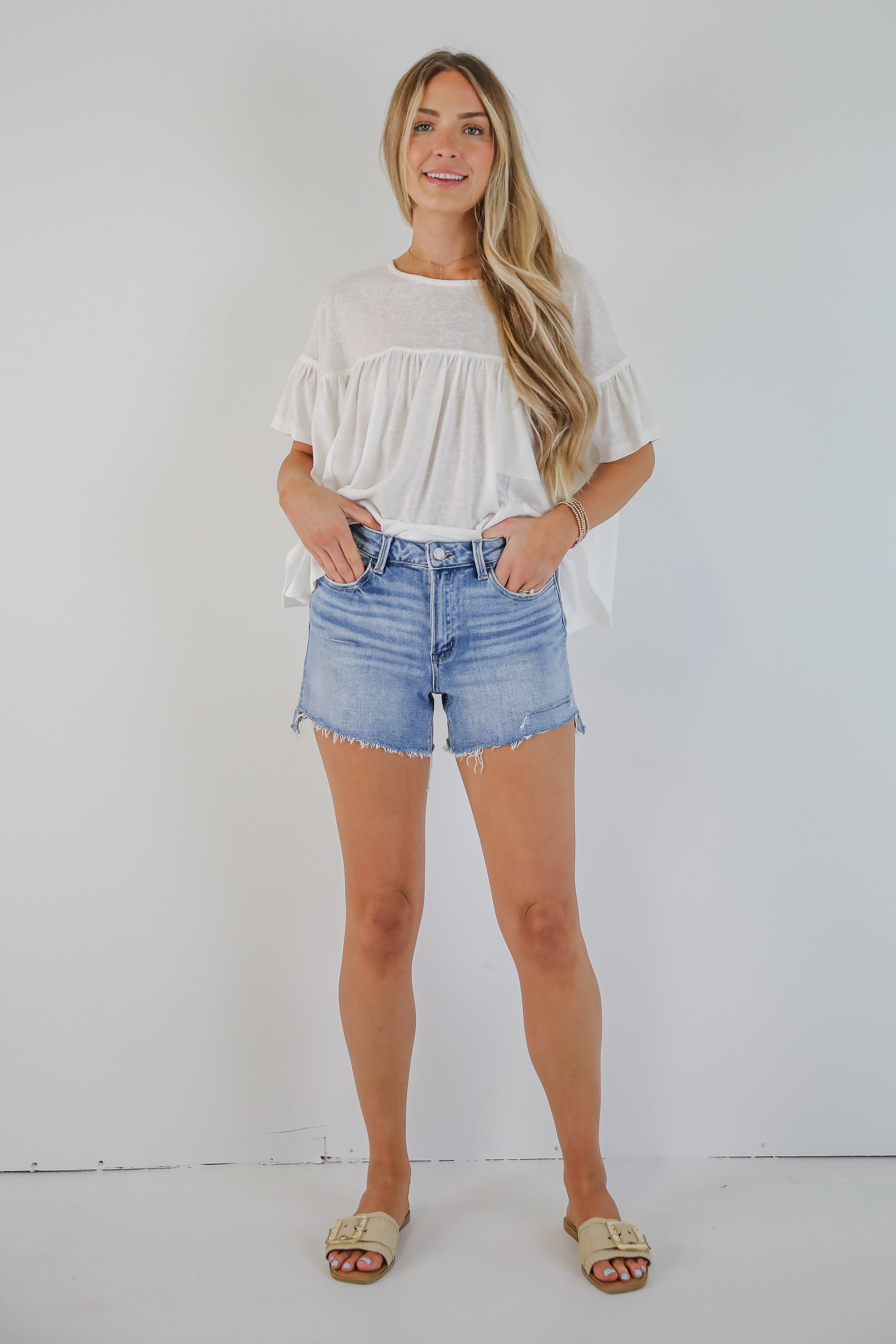 Ariana Medium Wash High-Rise Distressed Denim Shorts