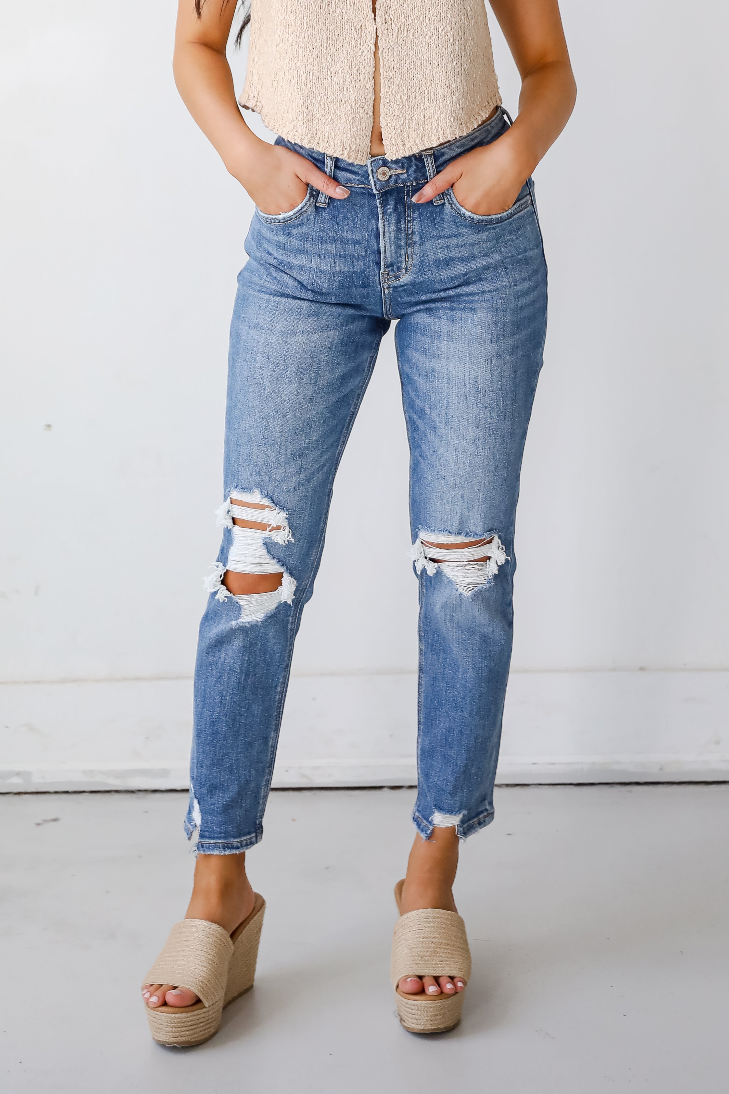 Kendall Medium Wash High-Rise Distressed Boyfriend Jeans
