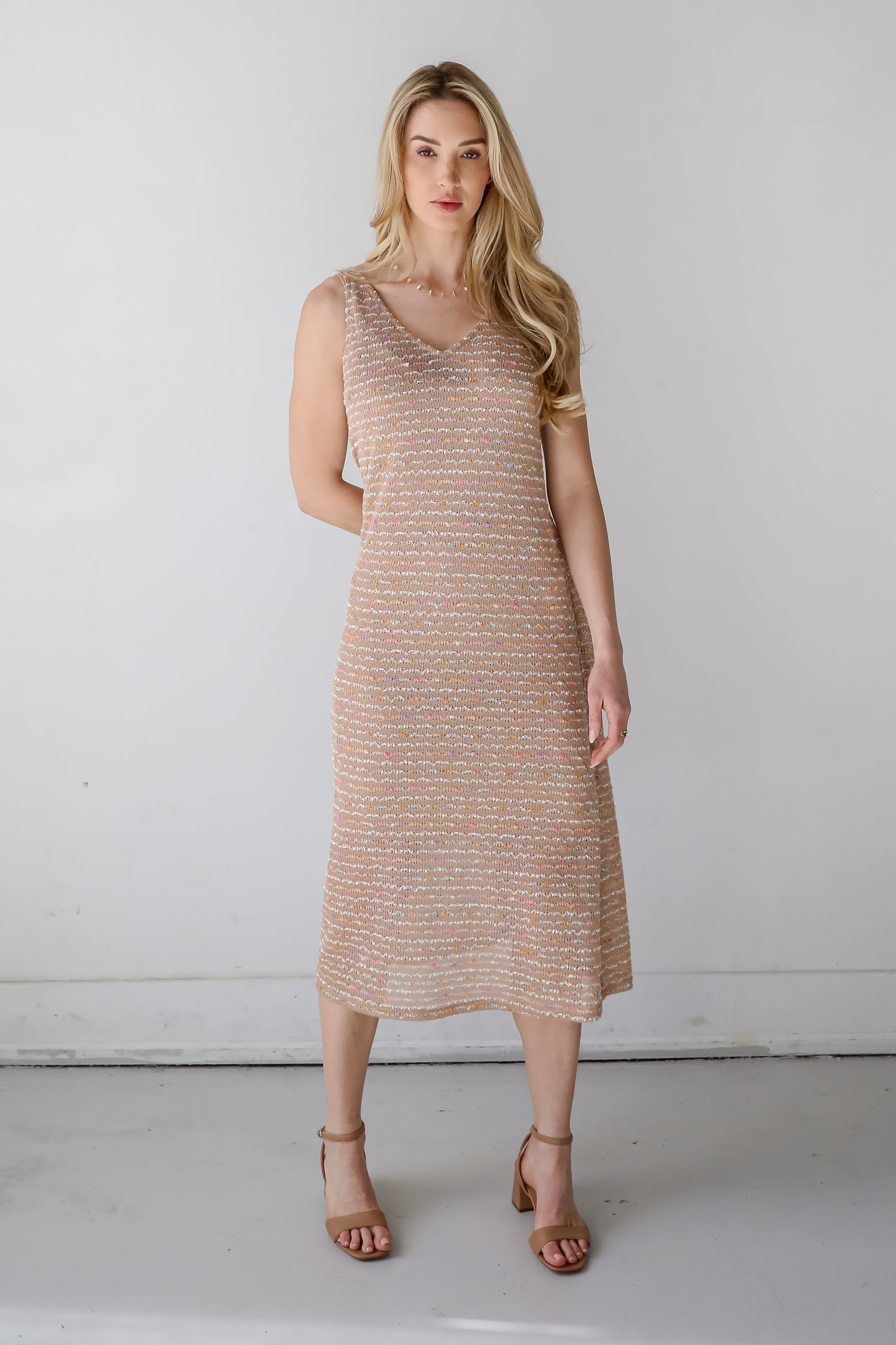 Sunset Vibes Mocha Crochet Knit Midi Dress