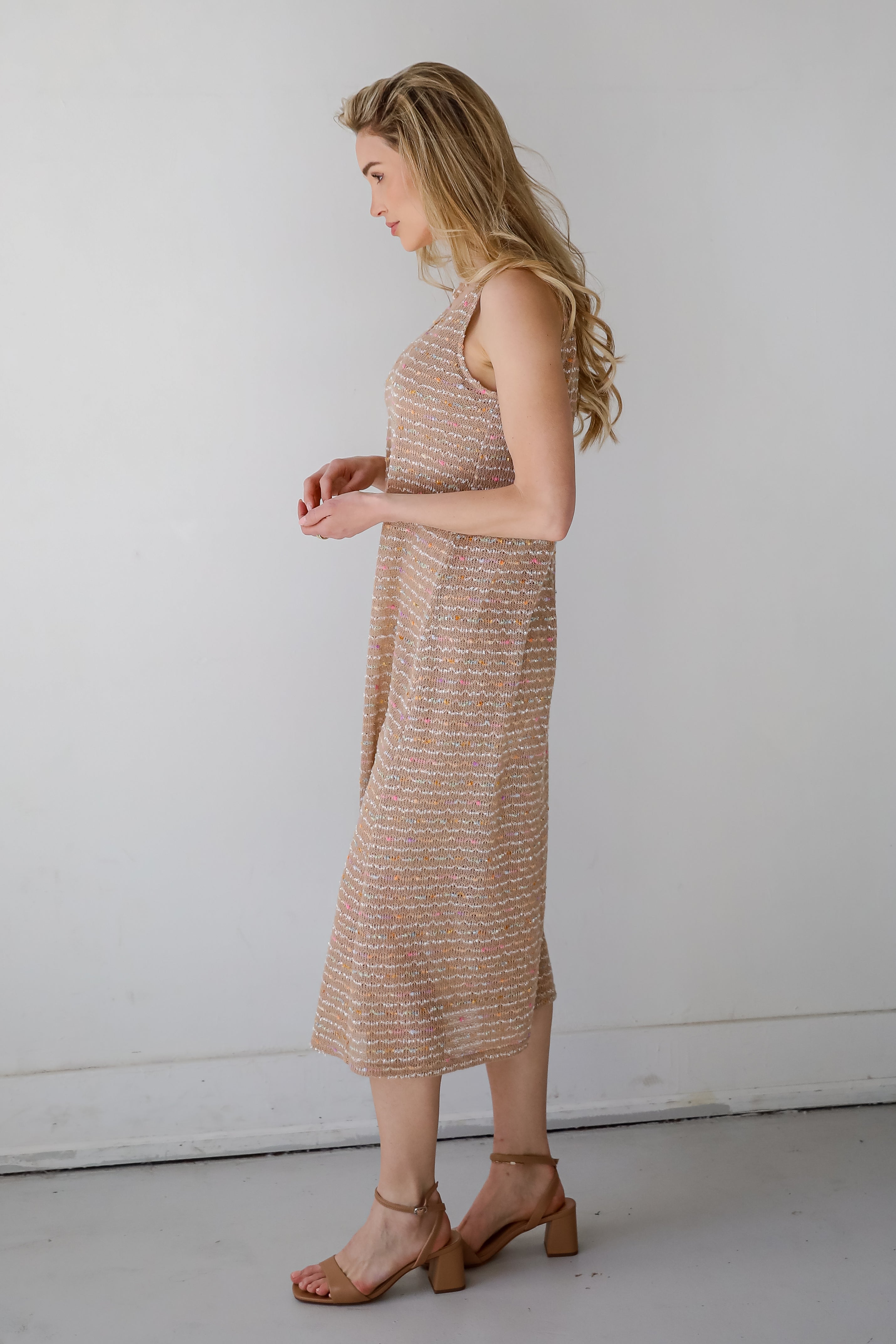 Sunset Vibes Mocha Crochet Knit Midi Dress
