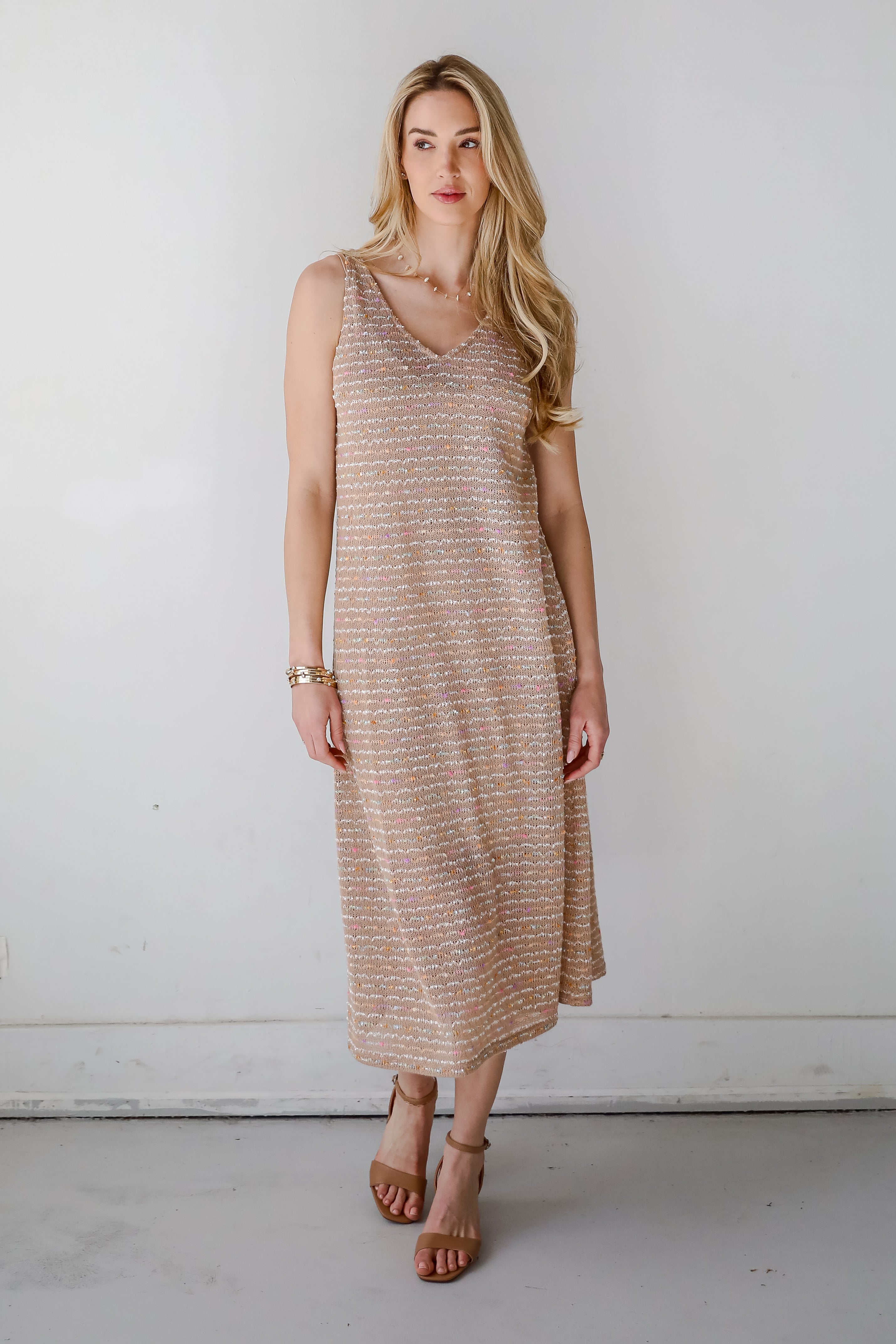 Sunset Vibes Mocha Crochet Knit Midi Dress