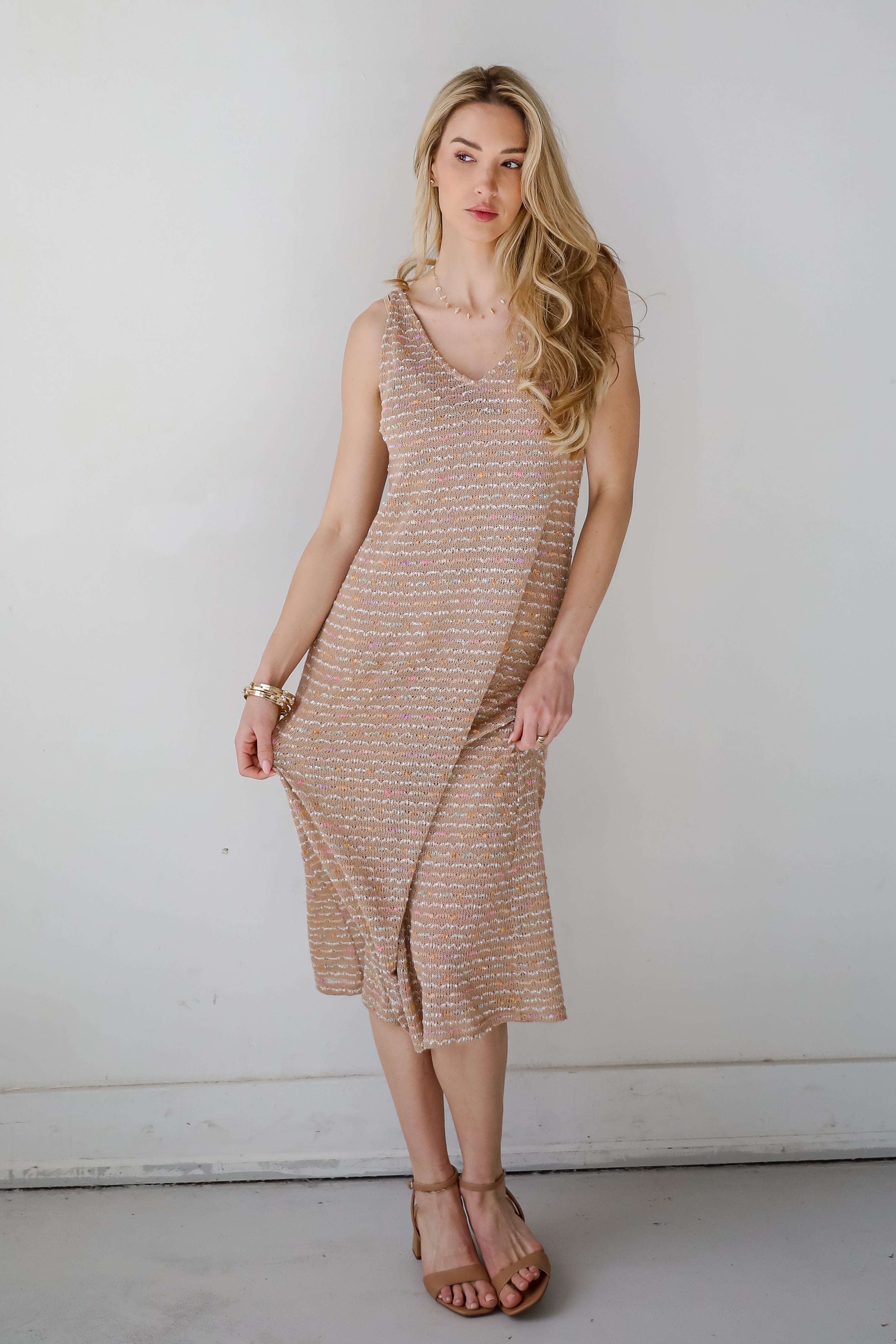 Sunset Vibes Mocha Crochet Knit Midi Dress