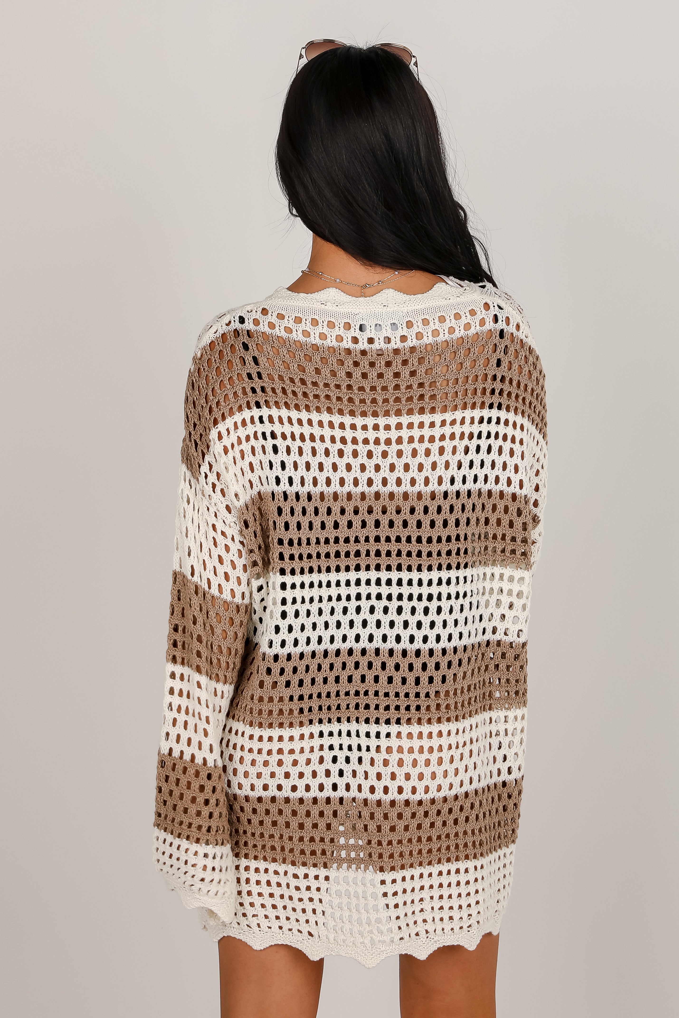 On The Coast Mocha Striped Crochet Tunic