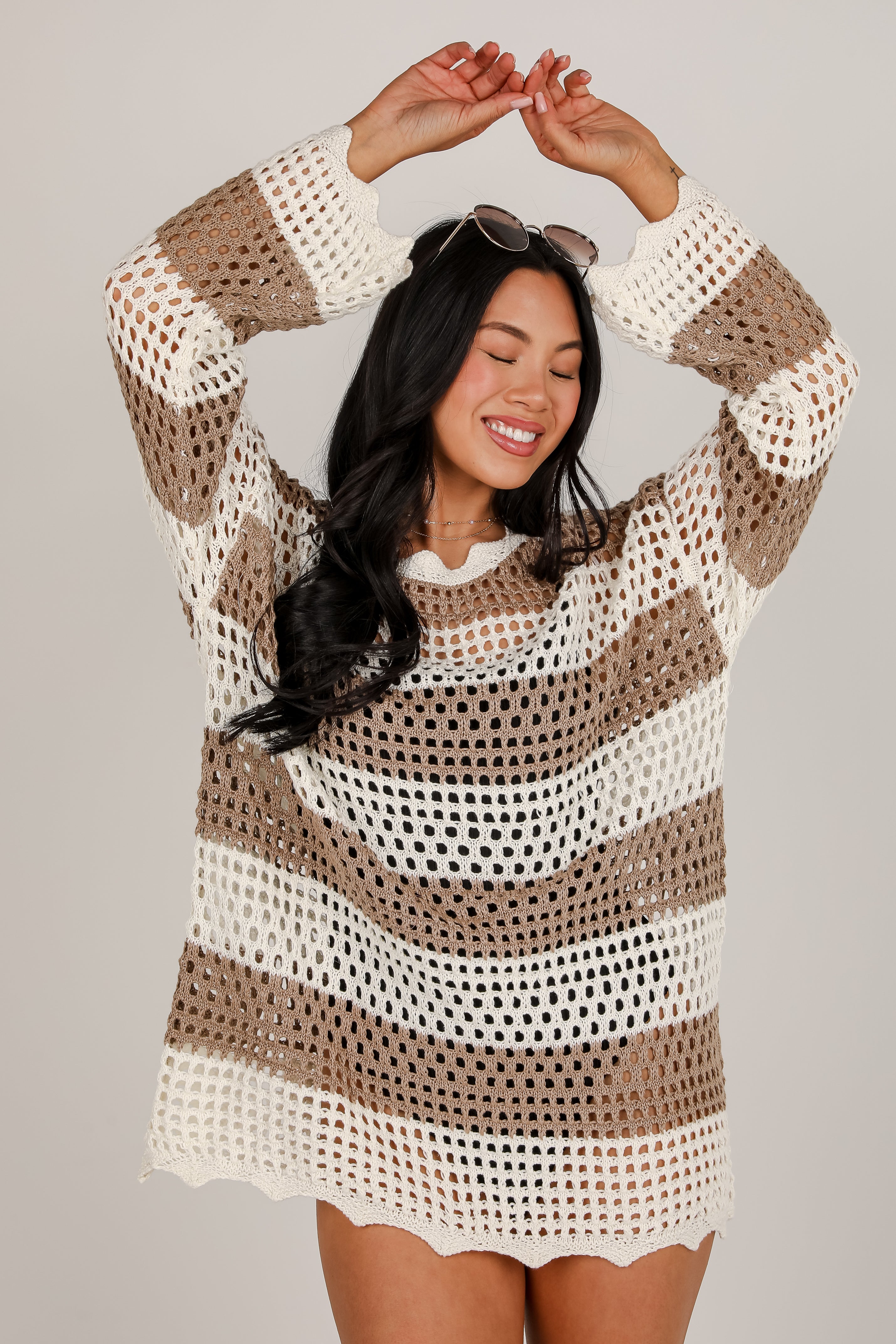 On The Coast Mocha Striped Crochet Tunic