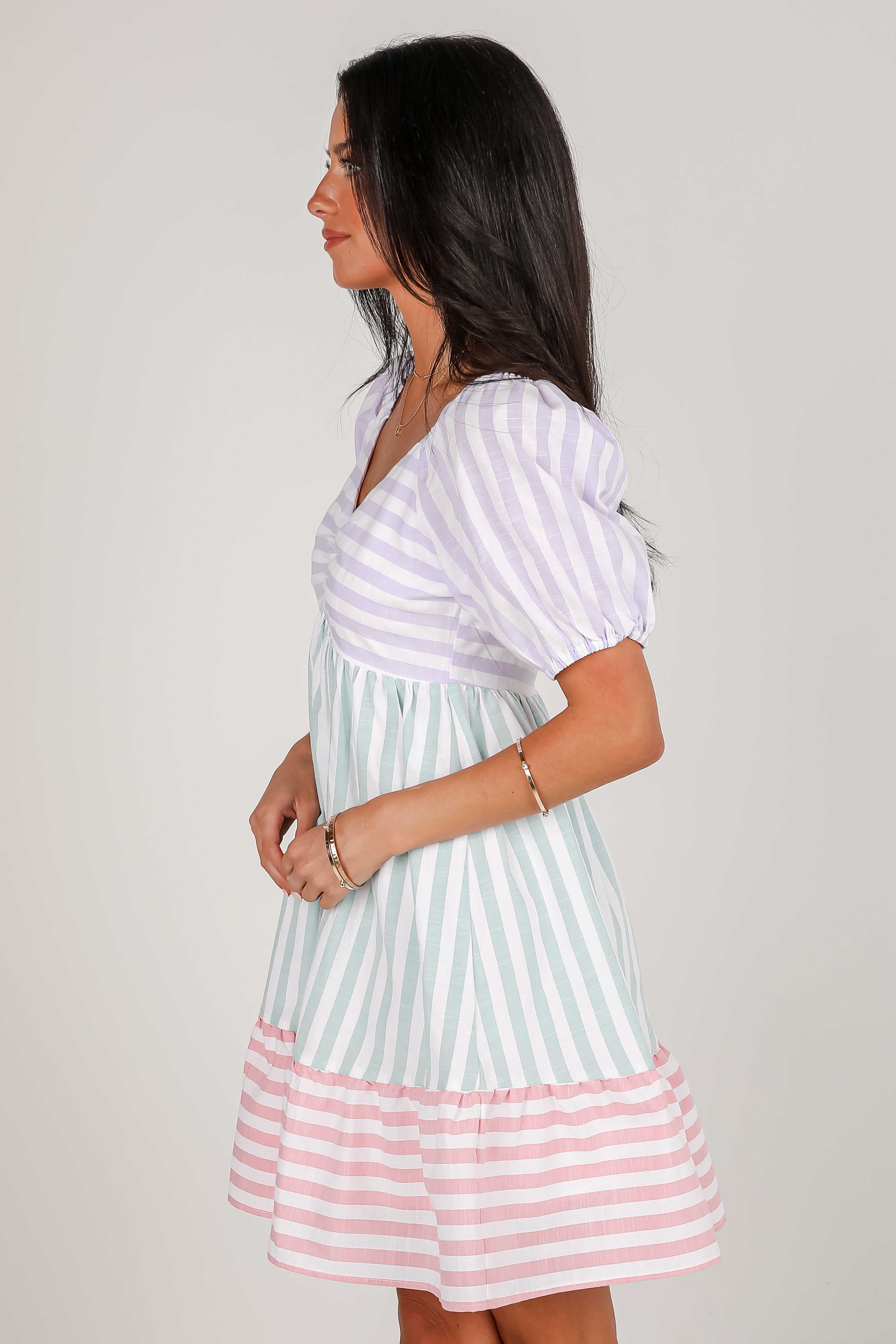 Just Lovely Multi Striped Color Block Babydoll Mini Dress