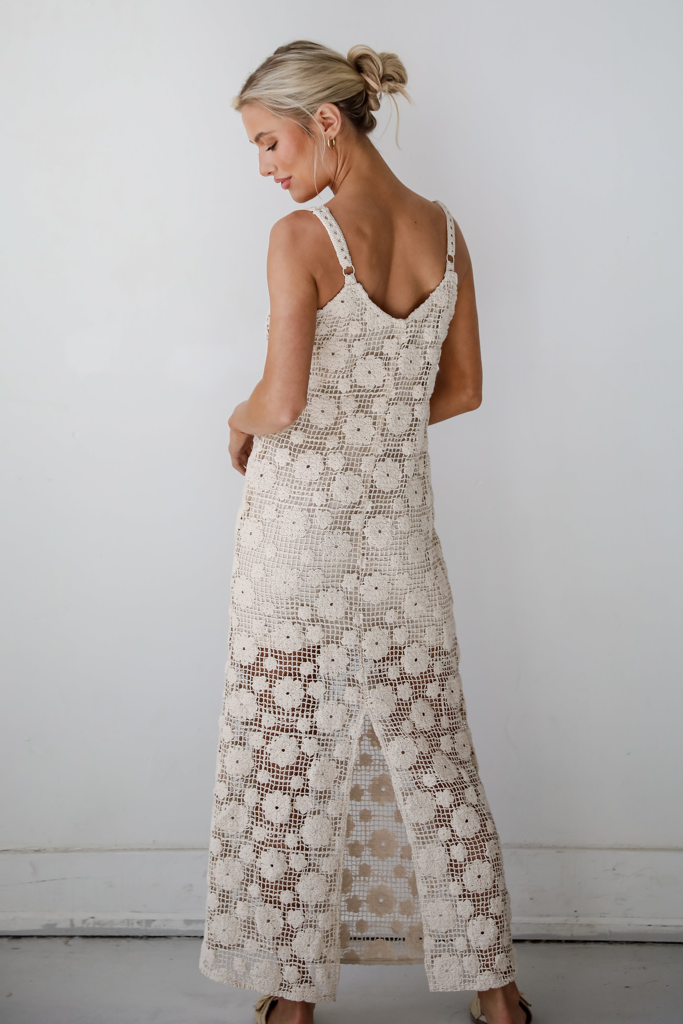Breezy Demeanor Natural Floral Crochet Maxi Dress